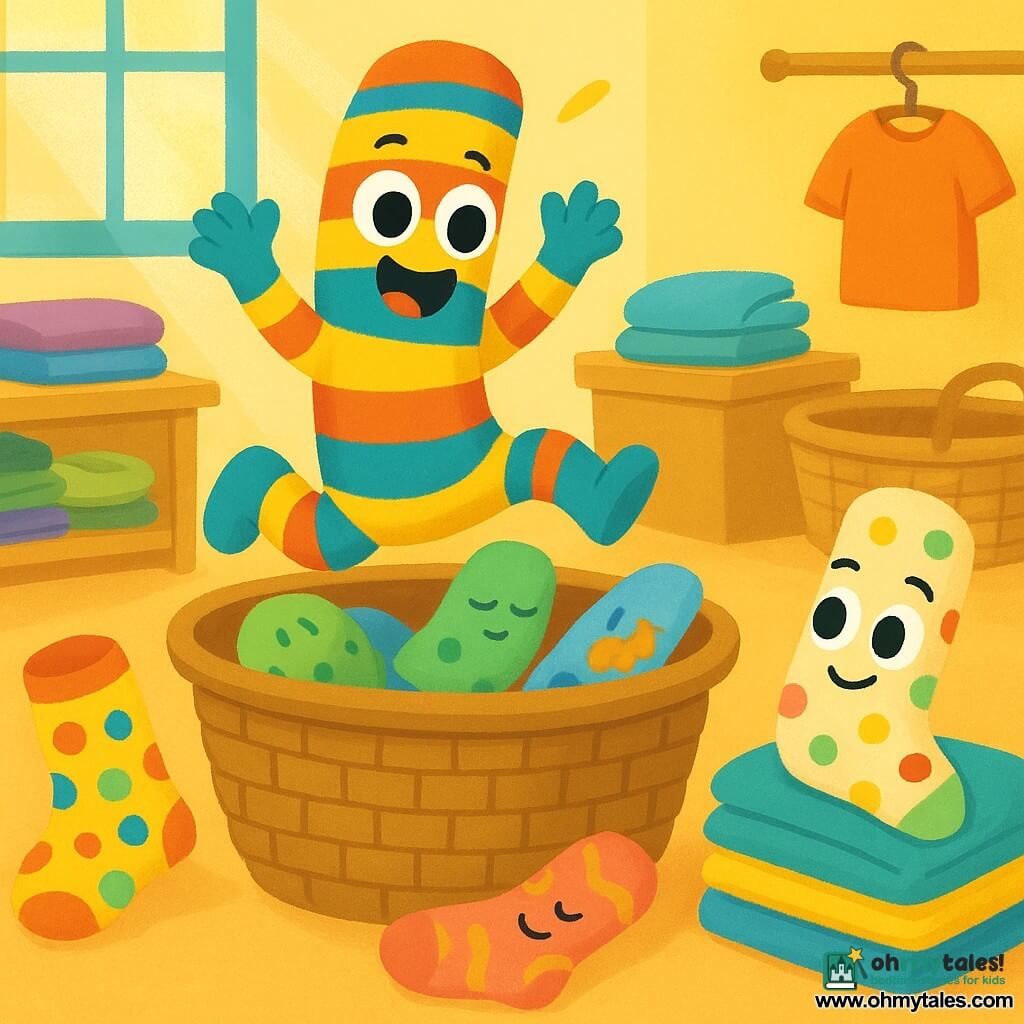 Benny, a brightly colored striped sock, is joyfully jumping out of a laundry basket, his round eyes shining with excitement and a big smile on his face. He is surrounded by sleeping socks, some with colorful polka dots and others with small animal patterns. Nearby, a polka-dotted sock named Penny emerges from a pile of towels, her eyes sparkling with curiosity and a mischievous smile on her lips. The setting is a bright laundry room filled with wicker baskets, scattered colorful clothes, and sunlight streaming through a window. The main scene shows Benny looking for his twin Penny, with socks having fun around him, creating a playful and lively atmosphere.