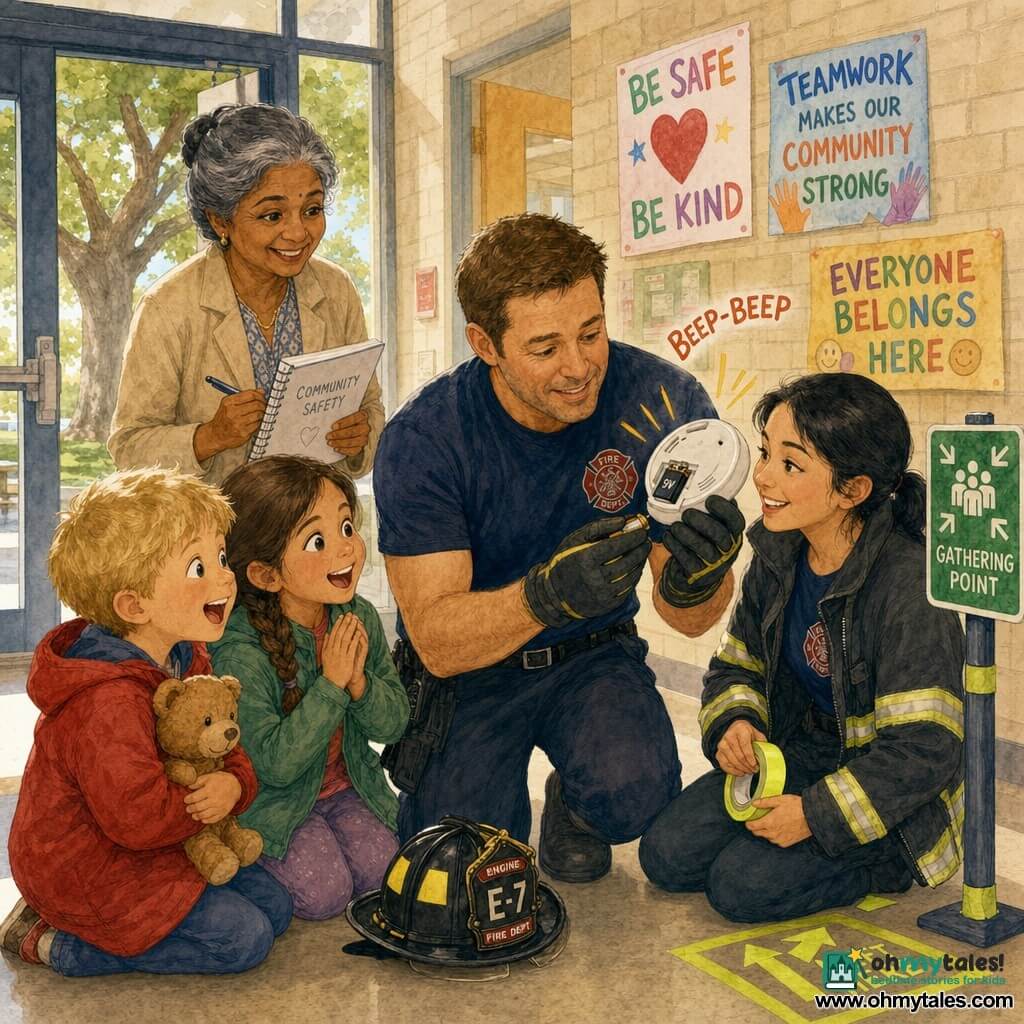 A firefighter of about 40, warm-faced with a gentle smile, short brown hair, wearing a navy T‑shirt and dark trousers with his helmet beside him, kneels to replace a battery in a white smoke detector; his gloved hands hold the battery and detector and his expression is focused and reassuring. Ms. Patel, the director in her fifties with gray hair in a bun and a beige jacket, holds a notebook and stands slightly back to the left, relieved and attentive. A young firefighter, Jade, about 25, fair-skinned with black hair in a ponytail and an open turnout jacket, smiles and stands to the right holding fluorescent tape ready to help. A blond boy of about 8 in a red coat holds a stuffed toy and watches the detector to the left front; a 9‑year‑old girl with brown braided hair in a green jacket stands slightly right, hands clasped and eyes wide with wonder. The scene is a bright community center hallway with light brick walls, colorful children’s posters, beige linoleum, a glass door showing a large oak outside, and a post with a fluorescent-tape assembly point sign. The moment is calm and educational as the firefighter replaces the battery and presses the test button—the detector emits a loud BEEP-BEEP, the children startle then laugh in relief, and the atmosphere is safe and caring.