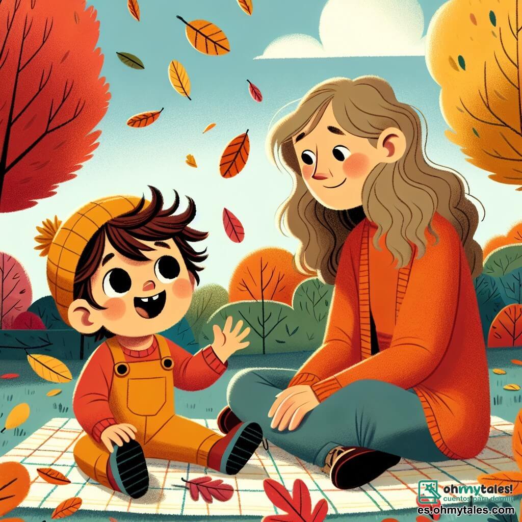 Un niño pequeño de 1 año, con cabello castaño desordenado y grandes ojos curiosos, está sentado en la hierba, sonriendo ampliamente. Lleva un overol naranja y un gorro de lana amarillo, y está recogiendo hojas de colores que caen a su alrededor. A su lado, su madre, una mujer de unos 30 años con cabello largo y rizado, vestida con un suéter rojo y jeans, lo observa con ternura. Ella está sentada sobre una manta de picnic, rodeada de algunas hojas, y sonríe al mirar a su hijo. El lugar es un jardín de otoño, lleno de árboles con hojas brillantes en tonos de rojo, naranja y amarillo que iluminan el paisaje. El cielo es de un azul claro, salpicado de algunas nubes blancas y esponjosas. La escena principal muestra al niño maravillado por la belleza de las hojas que caen, mientras las recoge con entusiasmo, listo para usarlas para crear un hermoso dibujo.