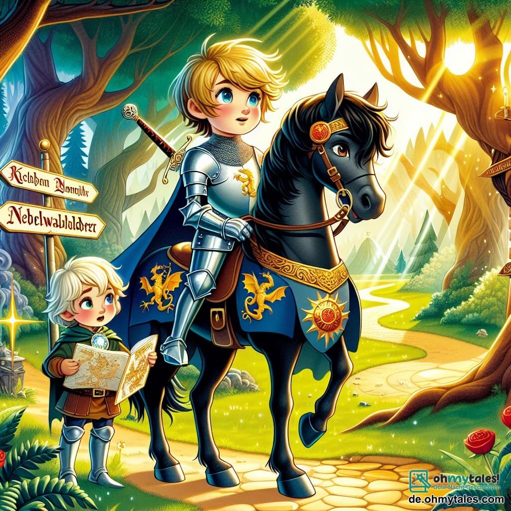 Ein junger Ritter, Leonhard, steht stolz auf seinem schwarzen Pferd, in glänzender Rüstung mit Drachenmotiven. Sein Gesicht ist entschlossen, seine Augen funkeln vor Aufregung und Abenteuer, während ein leichtes Lächeln auf seinen Lippen spielt. Neben ihm steht sein bester Freund Emil, ein 12-jähriger Junge mit blonden Haaren und funkelnden Augen, der ein schimmerndes Amulett hält und Leonhard bewundernd ansieht. Sie befinden sich an einer Weggabelung, umgeben von hohen, knorrigen Bäumen mit grünen Blättern, durch die das Sonnenlicht filtert und tanzende Schatten auf den Boden wirft. Leonhard betrachtet die Karte des Königs und zögert zwischen dem dunklen Weg der Nebelwälder und dem hellen Pfad zu den geheimnisvollen Bergen, bereit, sein Abenteuer zu wählen.