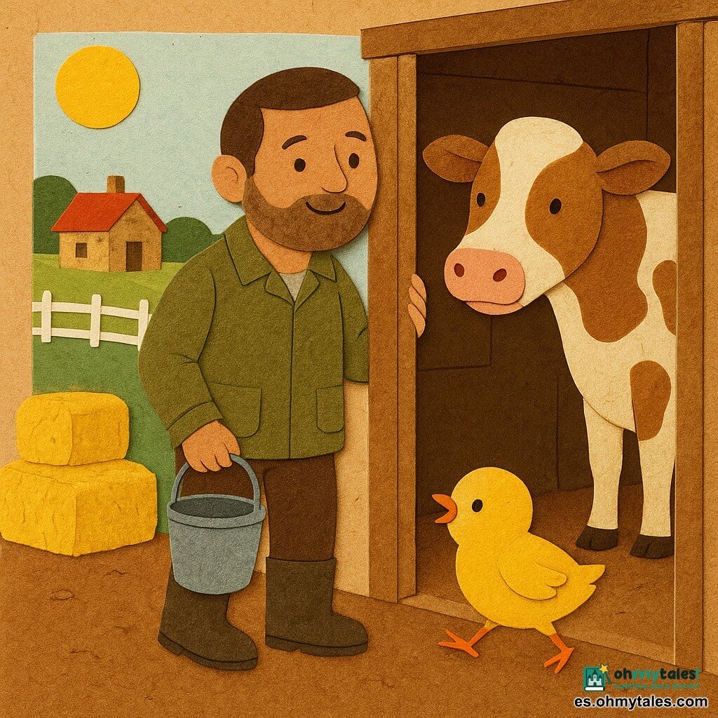 Mateo, hombre sonriente y sereno con barba de varios días, chaqueta verde oliva y botas de goma marrón, abre la puerta del establo con un cubo de agua; cerca corre un pollito amarillo de plumaje esponjoso piando; dentro del establo una vaca grande y mansa, manchada de blanco y marrón, lo mira con orejas caídas; granja soleada con suelo de tierra, pacas de heno, casa de piedra con tejado rojo, verja blanca y campo verde; mañana tranquila con luz dorada filtrando por la puerta y ambiente cálido y pacífico.