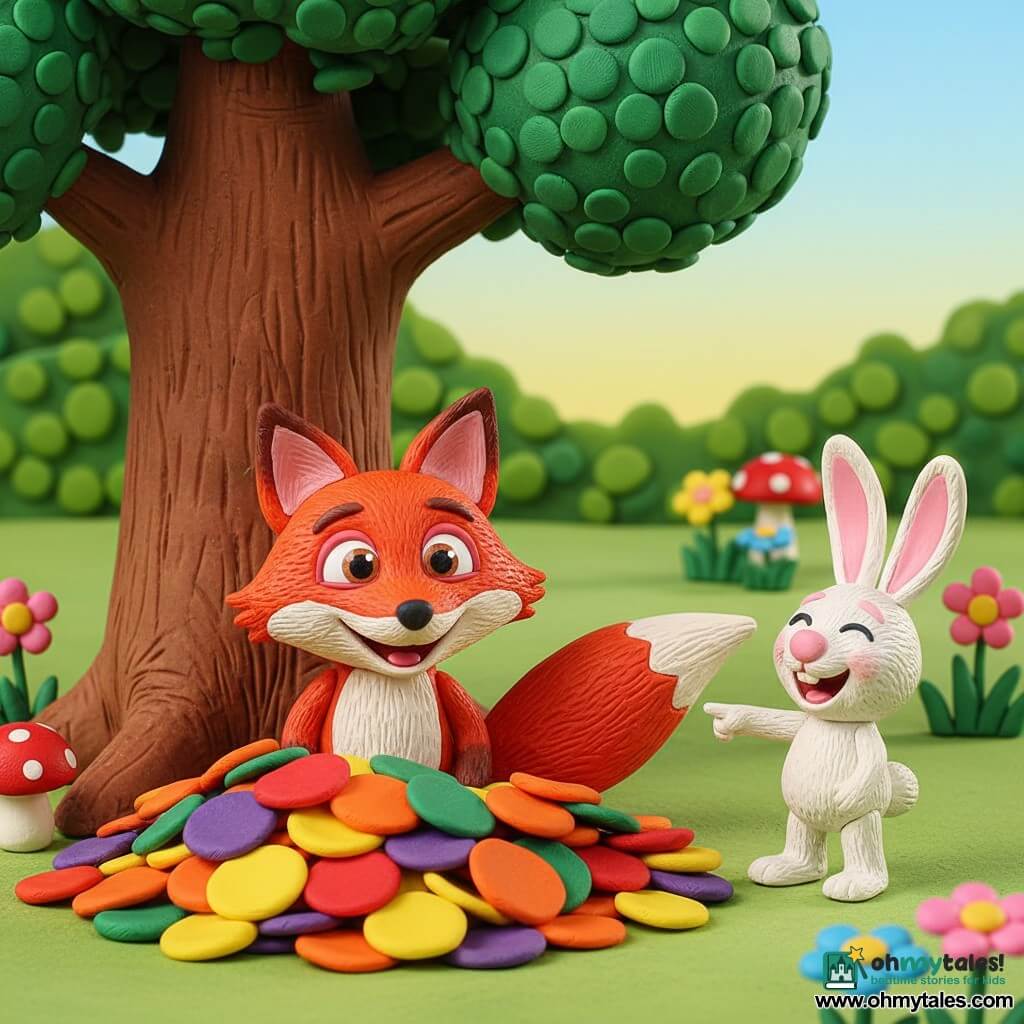 A glossy red fox with pointed ears and a bushy tail peeking from a pile of colorful leaves, its almond eyes mischievous, while a fluffy white rabbit with pink ears laughs and points at the tail beside a large oak in a sunny clearing with textured green grass, round flowers and spotted mushrooms, playful bright mood, saturated colors and soft shapes.