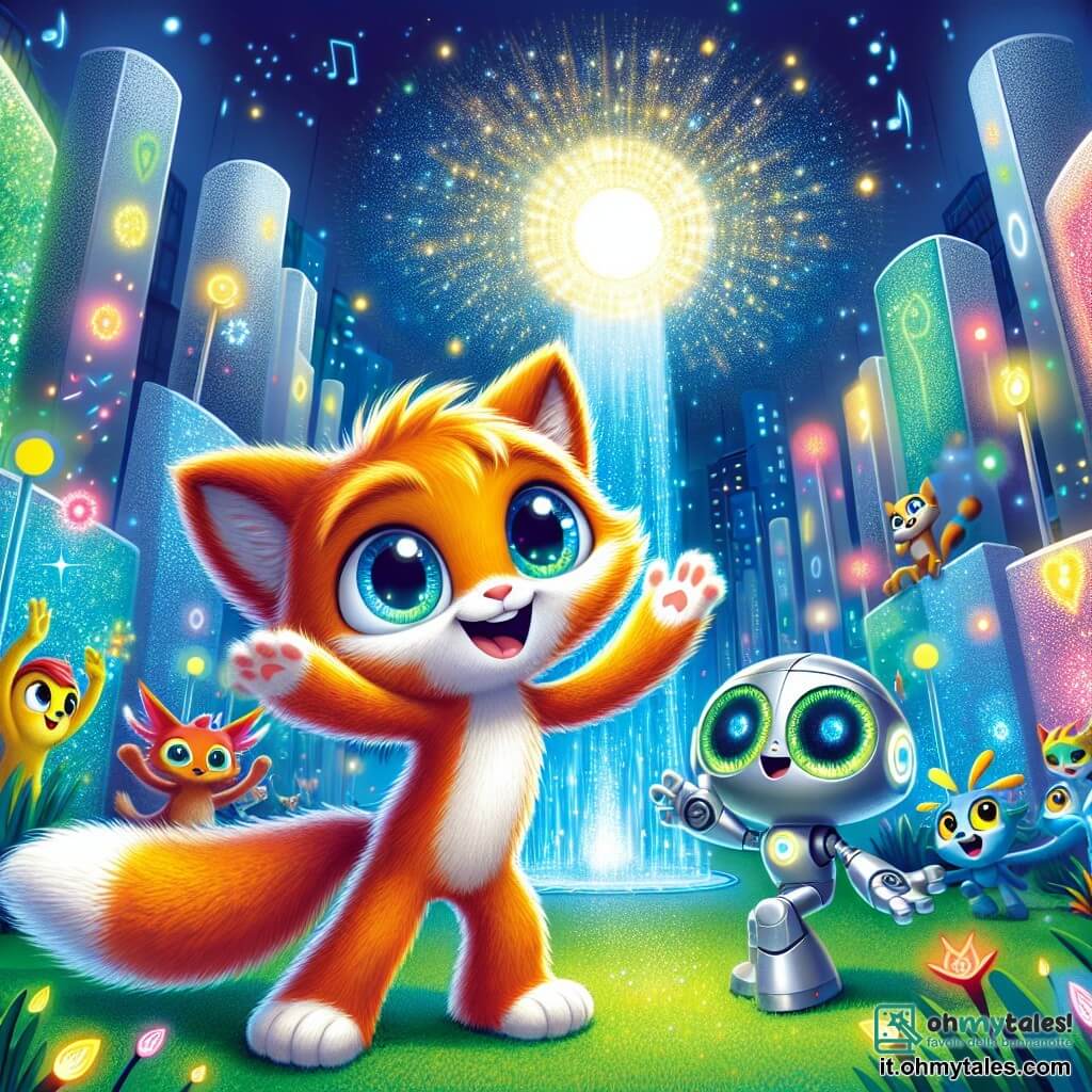 Fuffy, un giovane volpacchiotto dai peli arancioni e con grandi occhi brillanti, è al centro dell'immagine, mostrando un sorriso gioioso e determinato mentre tende la zampa verso una enorme Luce Gigante che brilla intensamente sopra di lui. Alla sua destra, Sparky, un piccolo robot argentato con occhi luminosi e un'espressione felice, si prepara a restituire energia alla luce, con le braccia sollevate con entusiasmo. A sinistra, Lalla, un robot giallo con ali colorate, canta gioiosamente, creando un'atmosfera festosa attorno a loro. Il decor è quello di LuciVerdi, una città futuristica con edifici scintillanti e forme organiche e colorate, dove fiori luminosi crescono sui marciapiedi e alberi tecnologici si ergono verso il cielo. La scena si svolge in un parco verdeggiante, pieno di colori vivaci, dove luci danzano nell'aria e melodie dolci fluttuano attorno. La situazione principale mostra Fuffy e i suoi amici uniti in un'avventura emozionante, pronti a ridare vita alla Luce Gigante, simbolo della loro amicizia e della magia della loro città.