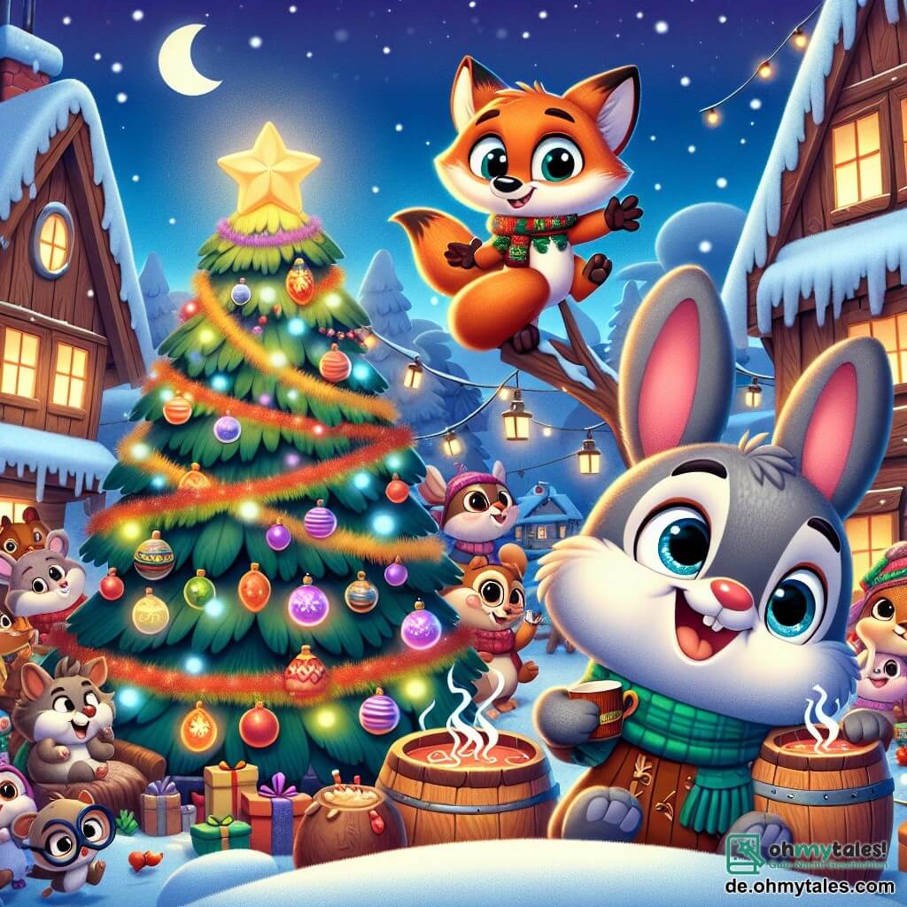 Hopsi, ein kleiner grauer Hase mit großen Ohren und funkelnden Augen, springt begeistert um einen großen, festlich geschmückten Weihnachtsbaum. An seiner Seite lächelt Felix, ein schlauer, leuchtend orangefarbener Fuchs mit schelmischen Augen, während er eine dampfende Tasse Punsch hält. Im Hintergrund versammeln sich Dorftiere, wie eine weise Eule mit Brille und fröhliche Mäuse mit kleinen Hüten, um einen großen Tisch voller Weihnachtsleckereien. Der Ort ist ein charmantes, verschneites Dorf mit Holzhäusern und sanft fallenden Schneeflocken unter einem sternenklaren Himmel. Die Szene strahlt eine festliche und warme Atmosphäre aus, die den magischen Moment einfängt, in dem sich alle Freunde versammeln, um gemeinsam Weihnachten zu feiern.
