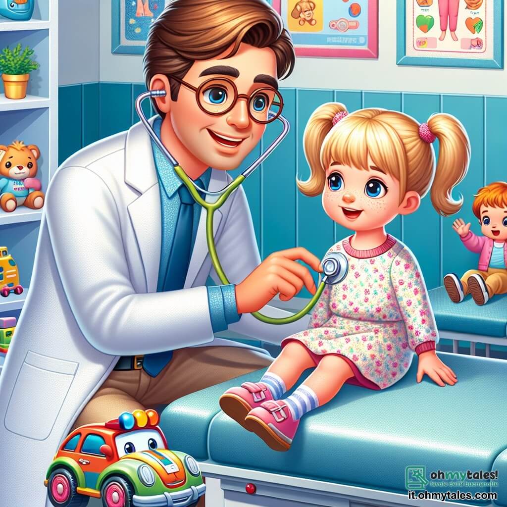 Un uomo, il dottor Luca, sorridente e caloroso, indossa un camice bianco impeccabile e ha uno stetoscopio appeso al collo. Ha capelli castani e occhiali rotondi che gli conferiscono un'aria simpatica. Sta ascoltando il cuore di un bambino di circa 7 anni, seduto sul tavolo dell'esame, con capelli biondi arruffati e uno sguardo preoccupato ma curioso. Nella sala d'attesa, una bambina di 5 anni, con due codini e un vestito a fiori, gioca con un giocattolo a forma di auto, osservando la scena con occhi meravigliati. La clinica è luminosa e accogliente, con pareti dipinte di blu pastello, poster di cartoni animati sulla salute e giocattoli colorati sparsi sul pavimento. Il dottor Luca rassicura il bambino sorridendo, mentre il rumore delle risate e dei giochi della bambina riempie l'aria, creando un'atmosfera gioiosa e confortante.