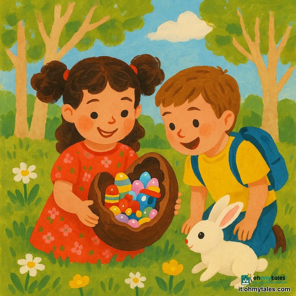 Bambina di 6 anni sorridente, capelli castani ricci in due codine, vestito a piccoli fiori, tiene delicatamente un grande uovo di Pasqua di cioccolato mezzo aperto; vicino a lei Tommaso, bambino di 6 anni, entusiasta, capelli corti castano chiaro, maglietta gialla e piccolo zainetto blu, si china a guardare l'interno dell'uovo; un coniglietto bianco dal pelo soffice e occhi neri salta sull'erba vicina; la scena in una radura primaverile con erba verde, margherite e ranuncoli, alberi a semicerchio; al centro un grande uovo decorato con nastri e brillantini, incrinato per rivelare giocattoli di legno colorati e caramelle pastello; luce soffusa, cielo azzurro pallido con lievi nuvole, ombre leggere, colori caldi e texture da gouache, composizione intima e centrata, sorrisi e gesti di condivisione, atmosfera di sorpresa gioiosa e dolce magia pasquale.