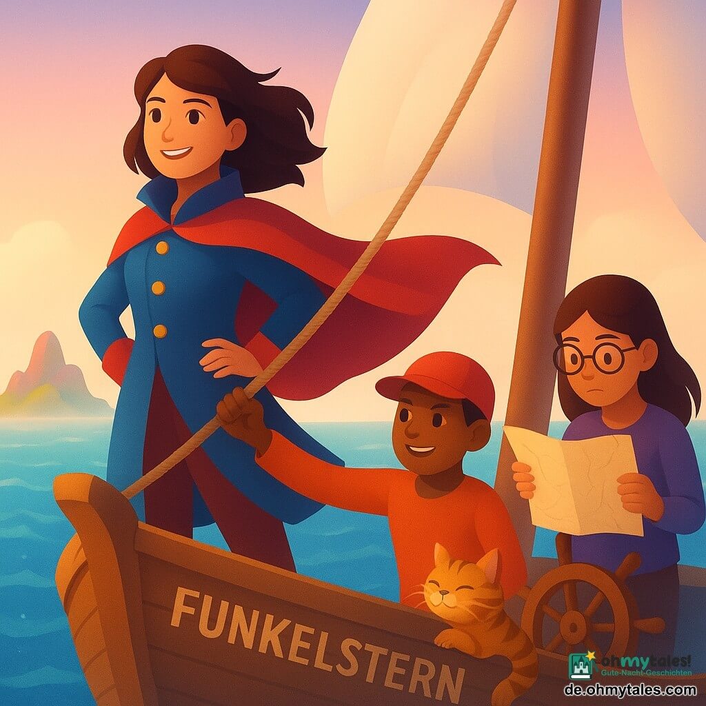 Eine Frau, Kapitänin Juna, steht stolz an der Spitze ihres Schiffes, der Funkelstern, mit einem mutigen Lächeln. Sie trägt einen rot-blauen Mantel, der im Wind weht, ihr braunes Haar um ihr entschlossenes Gesicht. Neben ihr steht Lino, ein 10-jähriger Junge mit einer roten Kappe, der energisch an einem Seil zieht. Maja, ein 12-jähriges Mädchen, untersucht aufmerksam eine Karte, ihre Brille rutscht auf ihrer Nase, während sie neben dem Mast steht. Kiki, eine verspielte Katze, sitzt auf dem Steuerrad, ihr Schwanz um eine Stange gewickelt. Das Schiff segelt auf einem glitzernden Meer, umgeben von einem leichten, singenden Nebel, mit einer geheimnisvollen, bunten Insel am Horizont. Die Hauptszene zeigt die Besatzung, die zusammenarbeitet, um zur Insel zu segeln, mit weißen Segeln, die vom Wind gefüllt sind, und einem Himmel in pastellfarbenen Morgendämmerungstönen.