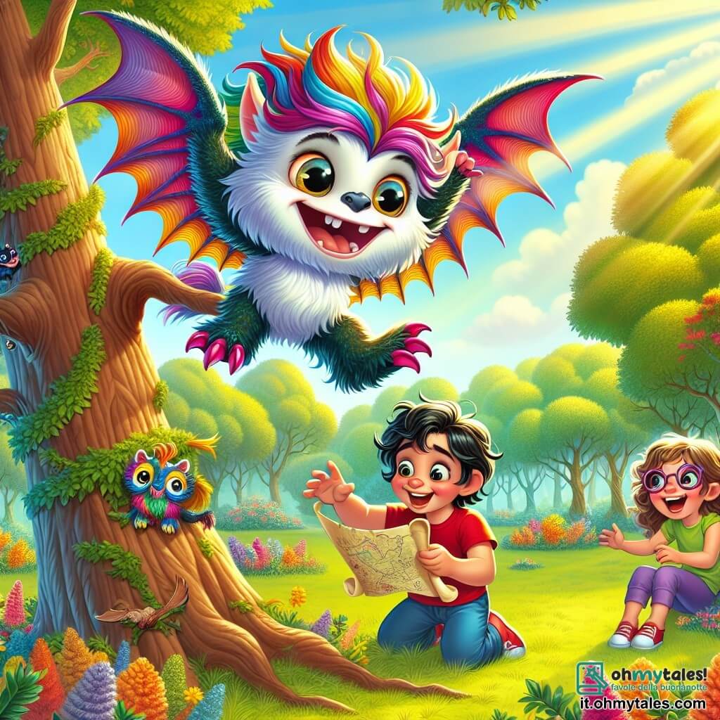 Pippolo, una piccola chimera con ali di pipistrello e una criniera di piume colorate, vola felicemente sopra un grande albero nel parco, con un grande sorriso sul volto e gli occhi brillanti di malizia. Accanto a lui, Luca, un giovane con i capelli castani in disordine e occhiali, guarda la mappa della caccia al tesoro con espressione di eccitazione e determinazione, in piedi su un ramo basso dell'albero. Giulia, una ragazza con capelli biondi e ricci, ride di gusto, seduta sull'erba circondata da fiori colorati, mentre Marco, un ragazzo muscoloso con una maglietta rossa, si prepara a arrampicarsi sull'albero, mostrando un'aria concentrata ed entusiasta. Il luogo è un parco soleggiato, pieno di alberi maestosi, fiori brillanti e un prato verde, con i raggi di sole che filtrano tra le foglie, creando un'atmosfera magica e gioiosa. La scena principale mostra Pippolo che sorvola i suoi amici, tutti intenti a prepararsi per la loro grande caccia al tesoro, pieni di energia e risate, pronti a vivere un'avventura indimenticabile insieme.