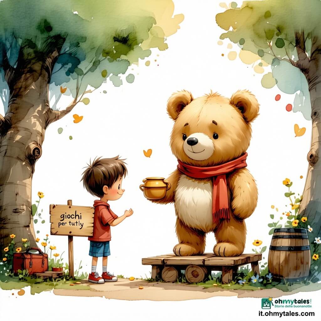Un orsetto di peluche antropomorfo color miele, occhi rotondi e dolci, espressione timida ma coraggiosa, in piedi al centro di un piccolo palcoscenico in legno con una zampa sul cuore e l’altra tesa verso un amico, con una sciarpa rossa e un cartello accanto con la scritta GIOCHI PER TUTTI; attorno a lui Luca, ragazzo dai capelli castani spettinati e sorriso rassicurante, con una piccola casseruola di plastica, Chiara con una treccia e casco giallo da cantiere che tiene una miniatura di ponte, Tommaso timido che arrossisce e porta un vassoio con una torta di carta, e Sofia, la "sindaca", con un foulard viola a tracolla che alza le braccia tenendo un cartello "Piazza del Rispetto"; l’ambientazione è una classe trasformata in teatro con tende crema, luci calde a sospensione, banchi e scaffali pieni di giochi e poster dei bambini; scena di fiducia e inclusione, atmosfera accogliente e gioiosa, colori caldi e composizioni chiare.