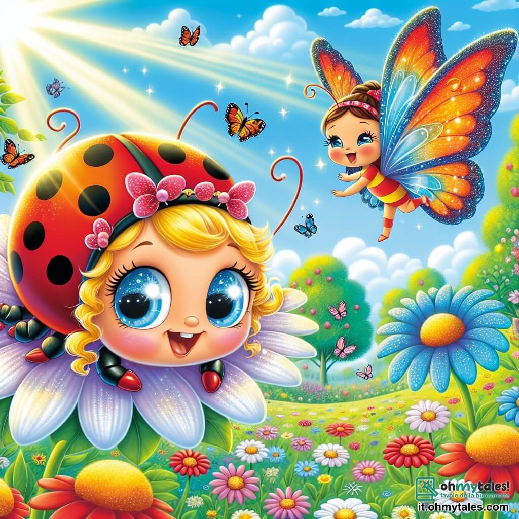 Una piccola coccinella di nome Lilli, con un corpo rosso vivace punteggiato di piccoli punti neri, vola felicemente sopra un campo di margherite colorate, con gli occhi scintillanti di curiosità ed eccitazione. Sorride ampiamente, le sue ali traslucide brillano sotto il sole. Accanto a lei, una farfalla colorata di nome Tania, con ali dai toni vivaci di blu e arancione, danza nell'aria, incoraggiando Lilli con uno sguardo amichevole. Il paesaggio è un giardino incantevole, pieno di fiori brillanti, alberi maestosi e un cielo azzurro punteggiato di nuvole soffici. I raggi di sole illuminano la scena, creando un'atmosfera magica e gioiosa. La situazione principale mostra Lilli e Tania mentre pianificano una grande festa per tutti gli animali del giardino, circondate da fiori cantanti e amici pronti a celebrare, con risate e felicità nell'aria.
