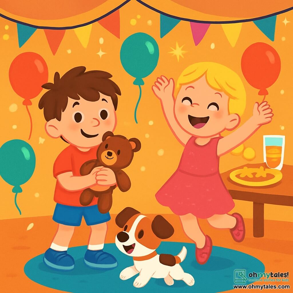 There are 3 characters: Max, a 6-year-old boy with messy brown hair, wearing a red t-shirt and blue shorts, standing with a big smile while holding his teddy bear; Lily, a 6-year-old girl with braided blonde hair, wearing a sparkling pink dress and shiny shoes, jumping with excitement next to Max; and Dotty, a small brown and white puppy, running around the children with its tail wagging, ready to play. The setting is a party room decorated with colorful garlands and bright balloons, with a large table filled with delicious snacks like star-shaped cookies and fizzy fruit juices. Twinkling lights shine from the ceiling, creating a joyful and festive atmosphere. The main scene shows Max and Lily, surrounded by decorations, preparing a fun dance for the New Year's party while Dotty watches them curiously, ready to join in their adventures.