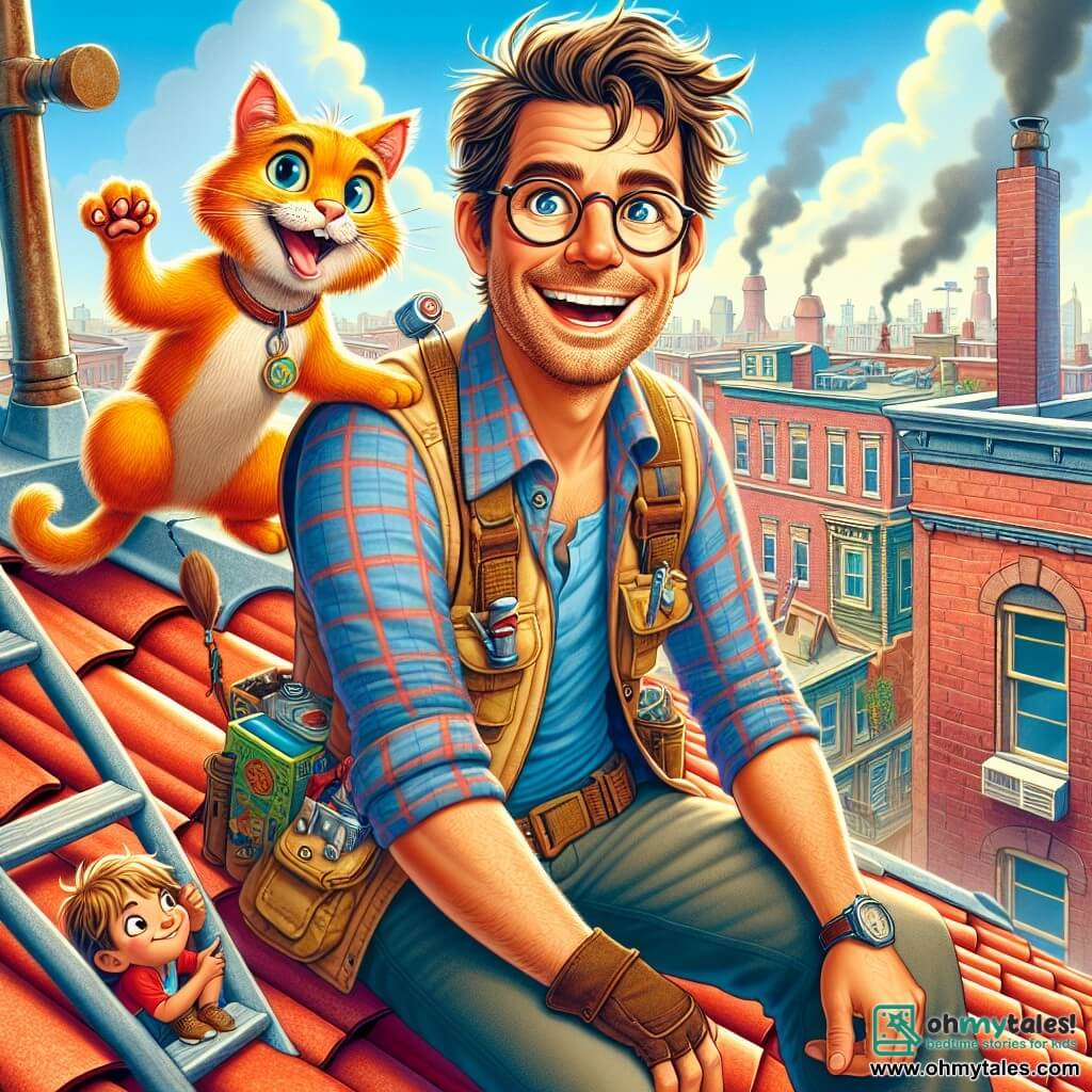A man in his thirties with messy brown hair and round glasses sits on a red-tiled roof, an excited smile on his face. He wears a checkered shirt and an explorer's vest filled with pockets. Next to him, an orange cat named Ziggy with sparkling eyes plays with a small stuffed mouse, his agile paws moving joyfully. Below, a ten-year-old boy named Viktor, with messy blond hair and a blue t-shirt, watches Maxwell mischievously, ready to go treasure hunting. He stands by a fire escape ladder, prepared to climb. The setting is a roof overlooking the city of Brightstone, with colorful buildings, smoking chimneys, and a blue sky dotted with fluffy white clouds. Wildflowers grow between the tiles, adding a splash of bright color. The main scene shows Maxwell unfolding an old map, his eyes shining with anticipation, while Ziggy curiously looks around, and Viktor gets ready to descend for his own adventure.
