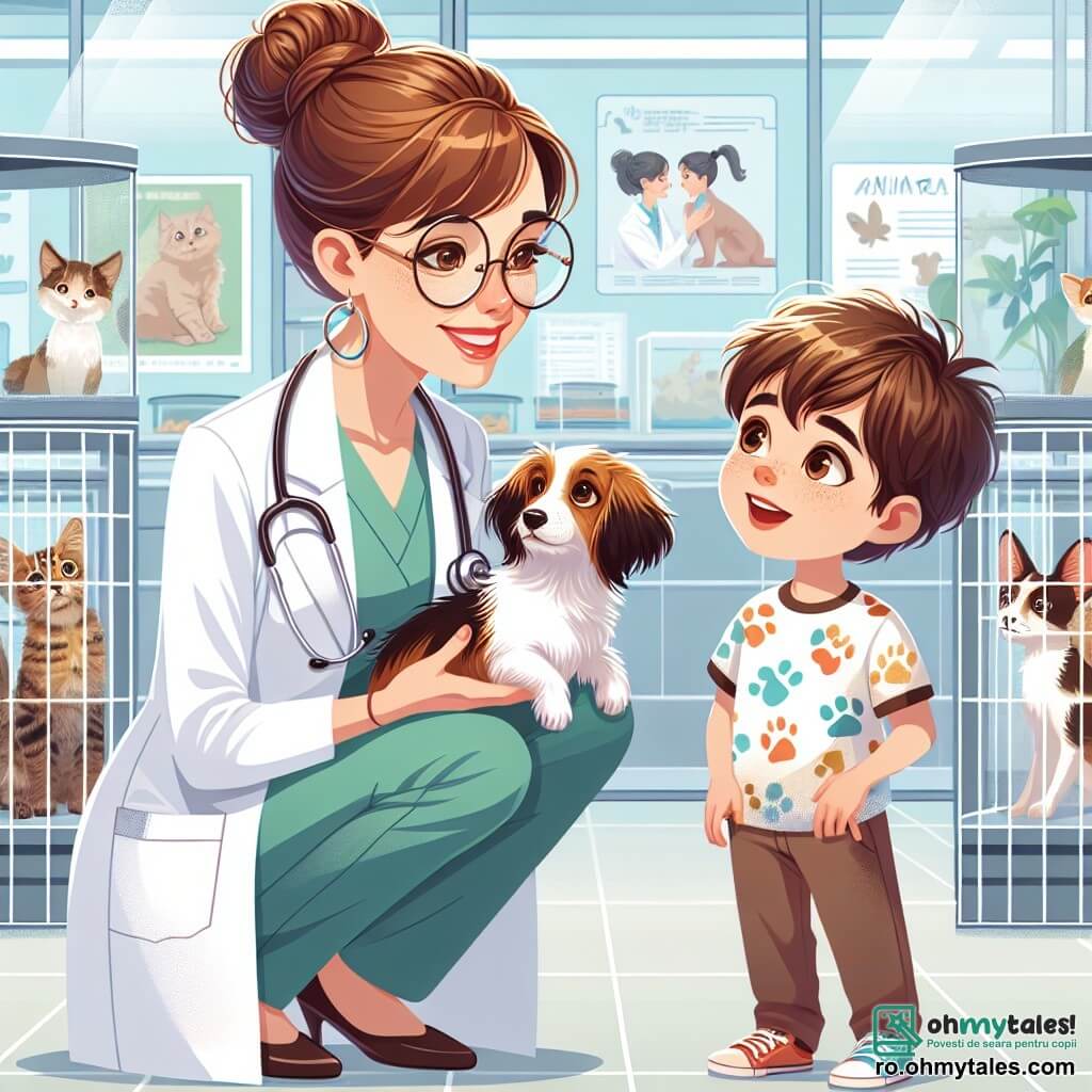 O veterinară, o femeie de aproximativ treize ani, zâmbitoare și plină de bunătate, poartă un halat alb și ochelari rotunzi. Are părul castaniu prins în coc și ține un stetoscop în mâini, privindu-l cu afecțiune pe un cățel aflat în fața ei. Lângă ea, un băiat de 8 ani, numit Mihai, cu părul brunet în dezordine și îmbrăcat cu un tricou colorat cu modele de animale, observă cu uimire. Este așezat în genunchi, cu mâinile pe genunchi, și se uită la cățel cu ochii strălucind de curiozitate. Scena se desfășoară într-o clinică veterinară luminoasă, plină de postere educaționale despre îngrijirea animalelor, cu cuști transparente care conțin animale drăguțe în fundal, cum ar fi pisicuțe și iepurași. Situația principală arată veterinară explicând copiilor importanța îngrijirii animalelor, în timp ce Mihai ascultă cu atenție, pregătit să învețe și să devină un viitor veterinar.