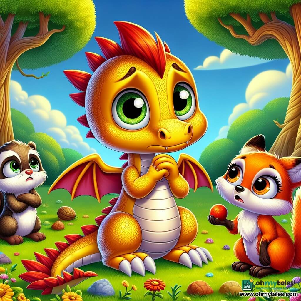 A small dragon named Sunny, with shiny yellow scales and sparkling curious eyes, stands in the center, looking worried yet determined, holding a smooth branch in its little paws. To his right, Poppy, a squirrel with bright red fur, looks at Sunny with understanding eyes, her tiny paws crossed over her chest. To his left, Pip, a fox with bright orange fur and a bushy tail, displays a supportive expression, ready to listen to his friend. The setting is a lush green park, featuring a majestic oak tree with lush leaves, colorful flowers dancing in the breeze, and a blue sky dotted with fluffy white clouds. On the ground, a group of young animals, clearly in disagreement, argues over a ball, their faces showing frustration and confusion. Sunny, Poppy, and Pip approach to help resolve the conflict, embodying the spirit of listening and peace amid the tension.