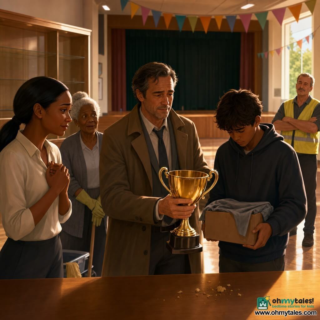 A kindly but weathered detective in a slightly wrinkled gray suit and brown overcoat holds a shining golden trophy and walks toward a varnished wooden table; to his left stands Lina, ~28, dark hair tied, pale blouse, tense then relieved, hands clasped; to his right Tyler, ~18, hoodie, messy brown hair, ashamed, head down, holding a small box wrapped in gray fabric; behind Lina an elderly Mrs. Calder, ~70, housekeeping gloves and gray cardigan, white hair in a bun, watching with surprise and gentleness; in the background Mr. Dobbs, ~60, fluorescent vest and gray moustache, arms crossed, leaning against a wall, half stern half relieved. The scene is a community center hall lit by string lights, polished floor, an empty trophy case behind the table, colorful “Spring Fair” banners and a wooden stage; the key moment is the trophy’s return under warm light, tension dissipating, composition centered on the detective and trophy.