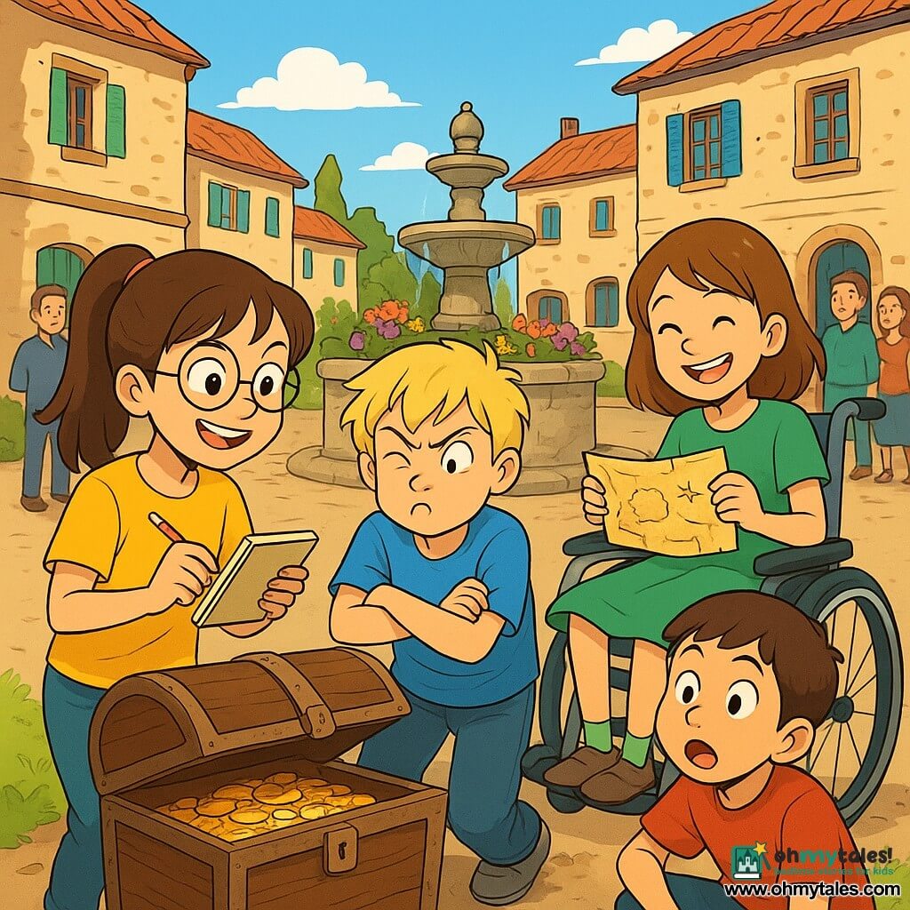 There are 4 children: - Maya: A 10-year-old girl with brown hair in a ponytail, wearing round glasses and a bright yellow t-shirt. She holds a notebook and a pencil, displaying a determined smile. - Theo: A 10-year-old boy with messy blonde hair and a blue t-shirt. He is making a funny face, standing next to Maya with his arms crossed. - Lina: A 10-year-old girl with brown hair in a beautiful green dress, sitting in a wheelchair. She is joyfully smiling, holding a treasure map in her hands. - Ben: A 10-year-old boy with brown hair and a red t-shirt, crouched near an old wooden chest, his eyes wide with surprise. The setting takes place in a small village square surrounded by old stone houses with colorful shutters. In the center, a stone fountain pours clear water, with vibrant flowers around. The sky is blue with a few white clouds, and curious passersby are watching the children. The main situation shows the children discovering an old wooden chest buried in the ground, filled with shiny coins and an ancient journal inside. They are surrounded by an atmosphere of excitement and mystery, their faces lit up by the discovery of hidden treasure.