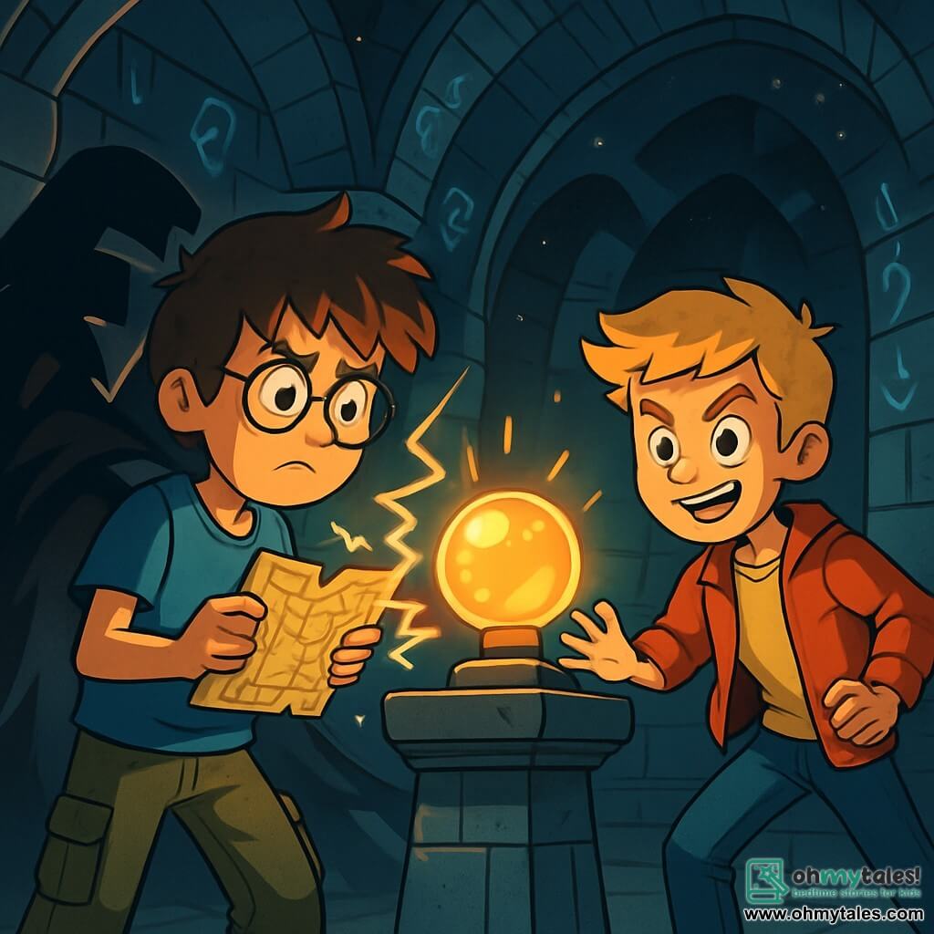 There are two main characters: Max, a 12-year-old boy with messy brown hair and round glasses, wearing a blue t-shirt and cargo pants, holding a magical map with a focused expression; and Leo, also 12, with blonde hair and sparkling eyes, dressed in a red jacket and jeans, standing next to Max, ready to help with a bold smile. The main setting of the story is an ancient ruin hidden beneath the city of Neo-London, with walls adorned with glowing runes and a vaulted ceiling revealing twinkling stars. In the center, a stone pedestal holds the Orb of Illumination, pulsing with golden light, creating a magical atmosphere. The main situation shows Max and Leo facing a mysterious thief in the ruin, who is shrouded in shadows and trying to escape with the Orb, while Max uses his magical map to counter the thief's illusions, and Leo prepares to catch the Orb, determined and brave. The atmosphere is tense, filled with magic and adventure, with bursts of light and dancing shadows around them.