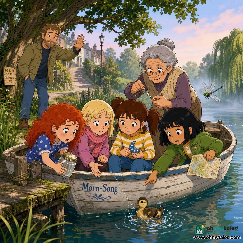Six characters: Lily, 7, brown hair in pigtails, yellow striped sweater and jeans, seated center in a small wooden rowboat holding a painted moon pebble; Noor, 7, tan skin, chin-length black hair, green jacket, leaning starboard watching a dragonfly and holding a small paper map; Poppy, 7, curly red hair, blue polka-dot dress, holding a glass jar and leaning port to free a duckling caught in a line; Mae, 7, pale blonde with a pink knit scarf, seated near Lily with hands ready to help and a worried focused look; an elderly woman (~70) with grey hair in a bun and a beige wool vest kneeling or standing aft in the boat with a small pair of scissors poised to cut the line; and Lily’s father (~38) with light beard and khaki jacket standing on the shore under a large oak, hand raised encouragement, protective gaze. Setting: a small calm lake beside a sloping street lined with willows and tall grasses, a worn mossy wooden quay, green-blue reflections, a pastel misty morning sky, and the whitewashed wooden boat named Morn-Song. Main scene: a gentle collective rescue—four girls in the boat cooperating with the elderly woman to free a duckling tangled in a fishing line near the quay while the father encourages from shore; clear gestures, caring expressions, sparkling water droplets and the duckling’s feather.
