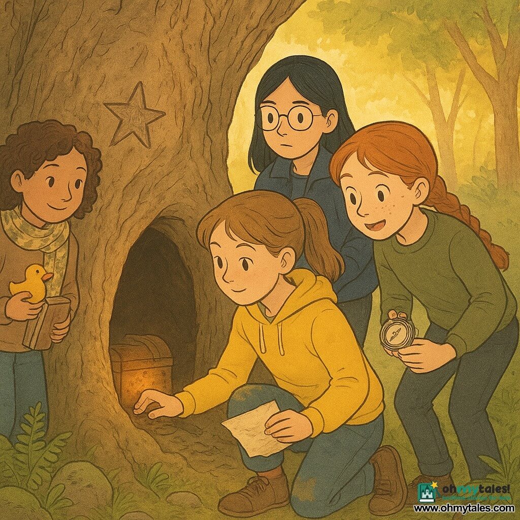 Four 12-year-old girls discover the hollow of an old oak on a wooded knoll by a quarry path: Mina (light brown ponytail, bright yellow sweatshirt, slightly dirty knees) crouches front left, holding a crumpled map and tapping the wood; Tessa (straight black hair, round glasses, navy jacket, thin gloves) stands just behind Mina with a flashlight on the trunk; Rory (red braided hair, freckles, khaki sweater, small compass) leans in at right, eyes wide with excitement; Callie (curly brown hair, patterned scarf) stands slightly back left, smiling and holding a notebook and a rubber chicken. The rough, deeply grooved bark shows a worn star at chest height, moss at the roots, ferns and mossy stones on the sunlit clearing; they knock in cadence at the star-marked opening, revealing a soft glow inside and a small rusted iron box among damp leaves—warm, slightly magical but realistic suspense. Visual style: soft pastel palette with yellow and green accents, clear rounded comic linework, detailed textures of bark and fabric, readable expressions, strong contrast between golden exterior light and the trunk’s shaded interior, composition centered on the oak opening with the girls in a semicircle.