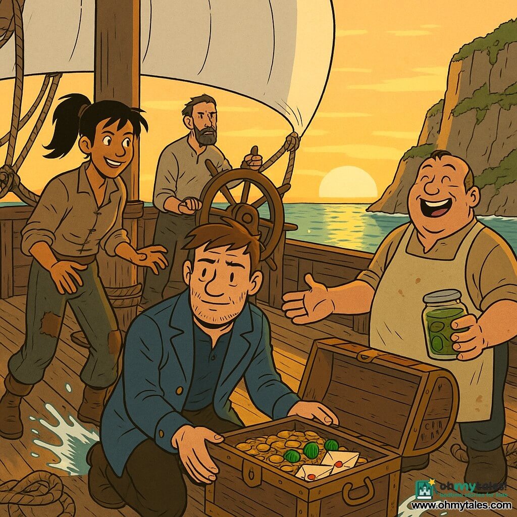 Captain Elias Quill, square-faced with a straight nose, thin mustache and tousled brown hair, looks determined and relieved as he holds a half-open bronze-banded wooden chest on the deck and watches his crew; Mara, about 20, dark hair in a ponytail, tanned skin and mischievous smile stands by the mast ready to help in patched sailor clothes; Rook, in his forties, tall and thin with stubble, holds the helm at the stern, leaning forward protectively; Big Jory, a burly thirty-something with a round face and stained apron, laughs loudly on the captain’s right holding a jar of pickles. They stand on the Sea Moth’s veined wooden deck with ropes and a billowing white sail, a golden horizon and distant rocky cliffs, the narrow cove exit visible in green-blue water; the open chest reveals dull coins, emeralds and sealed letters, sunset light warms their faces, spray wets the deck, a red flag flies, and the mood is triumphant camaraderie after an escape.