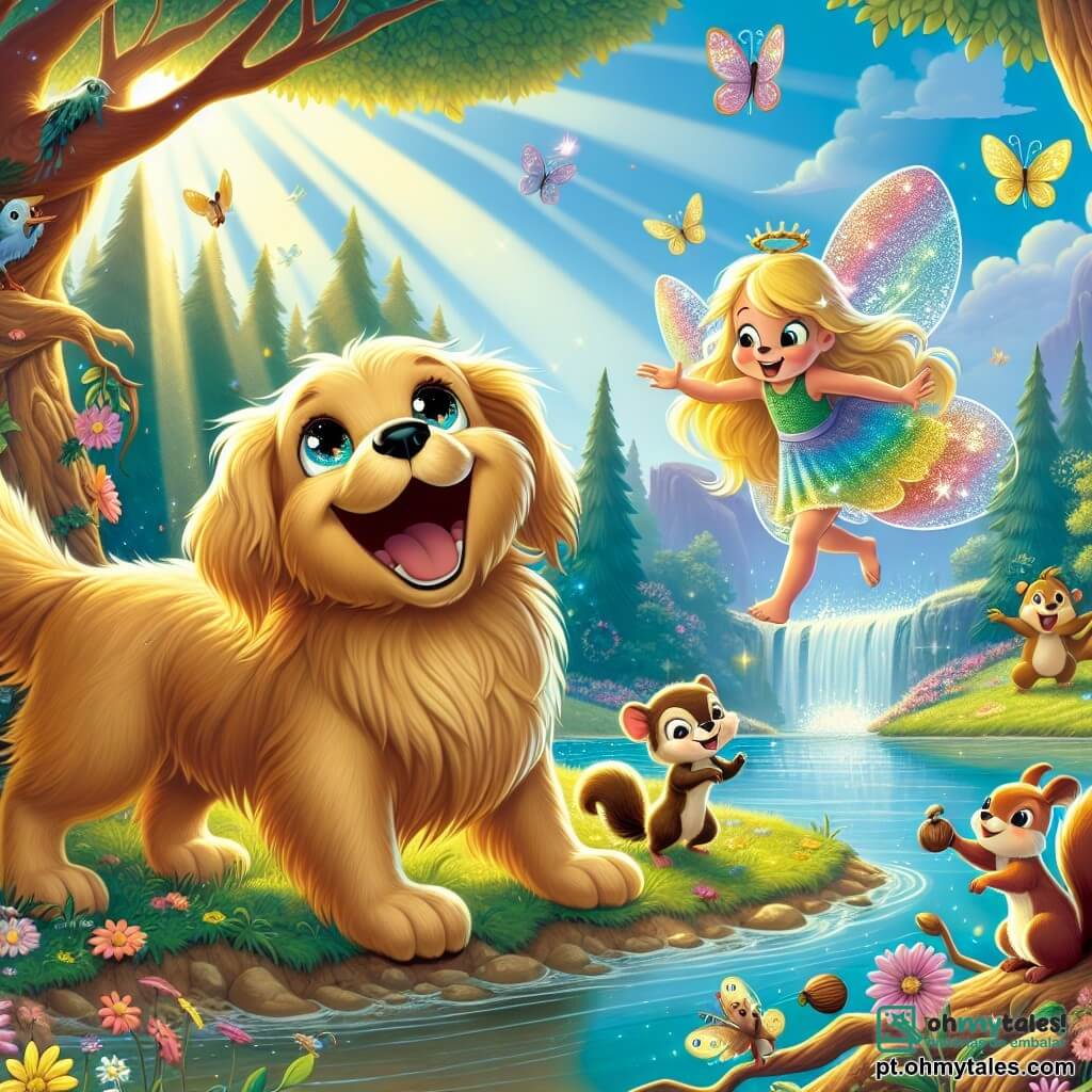 Um cachorro alegre chamado Bruno, com um pelo dourado brilhante e olhos cintilantes de curiosidade, está à beira de um lago mágico, olhando para seus amigos com um grande sorriso. Ao seu lado, uma pequena fada chamada Lila, com asas brilhantes nas cores do arco-íris, voa alegremente ao seu redor, com os cabelos longos flutuando ao vento. Um esquilo travesso chamado Tico, com pelagem marrom e uma pequena noz nas patas, sobe em um galho de árvore, observando a cena com um ar entusiasmado. O local é uma floresta encantada, cheia de árvores majestosas e flores coloridas que dançam com a brisa leve, enquanto raios de sol penetram pela folhagem, iluminando a paisagem. A cena principal mostra Bruno, Lila e Tico celebrando o retorno da água no lago, cercados de risos e alegria, enquanto pássaros cantam e borboletas voam ao redor, criando uma atmosfera mágica e festiva.
