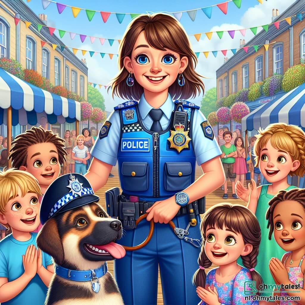 In het midden van de afbeelding staat agent Anne, een glimlachende vrouw van ongeveer dertig jaar, in een felblauw politieuniform met een glanzende badge. Haar kastanjebruine haar is in een paardenstaart, en ze heeft sprankelende ogen van vreugde. Ze laat een politiehond, Max, zien aan een groep verwonderde kinderen en moedigt hen aan om vragen te stellen. Onder de kinderen is Tim, een 8-jarig jongetje met een bril en rommelig bruin haar, die zijn hand opsteekt met een grote glimlach, nieuwsgierig naar het werk van agent Anne. Naast hem kijkt Lisa, een 7-jarig meisje met vlechten en een kleurrijke jurk, met verwonderde ogen naar Max, gefascineerd door de hond. De scène speelt zich af op een druk plein, versierd met kleurrijke ballonnen en feestelijke slingers, met een houten podium waar agent Anne trots staat. Op de achtergrond applaudisseren ouders en andere kinderen, wat een vrolijke en feestelijke sfeer creëert. De hoofdactie toont agent Anne die haar politiewerk uitlegt aan de kinderen, terwijl ze Max, de politiehond, in de schijnwerpers zet, die leuke trucjes uitvoert en de aandacht van de jonge toeschouwers vasthoudt.