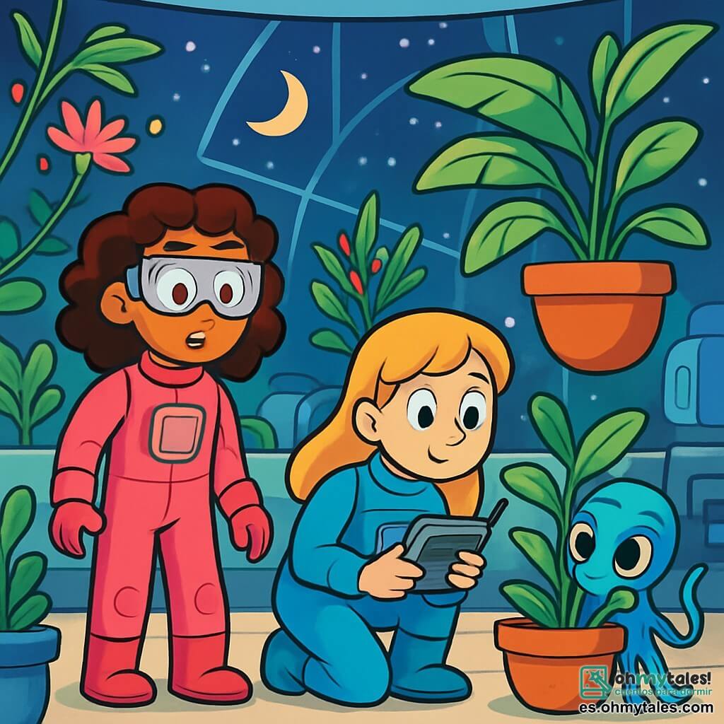 Hay 3 personajes: - Marina: una niña de 12 años, con cabello rizado y castaño, vestida con un traje espacial rosa y gafas de protección. Está de pie, con los ojos muy abiertos, mirando con curiosidad al pequeño extraterrestre. - Lucía: una niña de 12 años, con cabello liso y rubio, vestida con un traje espacial azul. Está agachada junto a Marina, sosteniendo un traductor portátil en sus manos, lista para ayudar a Zilo. - Zilo: un pequeño extraterrestre, de aproximadamente 1 metro de altura, con piel azul iridiscente que cambia de color, grandes ojos redondos y tentáculos flexibles. Se esconde detrás de una maceta flotante, mirando tímidamente a las dos chicas. El lugar se encuentra en el invernadero de la Estación Espacial Aurora, un espacio luminoso y futurista lleno de plantas exóticas flotando en ingravidez. Las paredes de vidrio transparente dejan pasar la luz de las estrellas, y máquinas brillantes zumban suavemente a su alrededor, creando una atmósfera mágica e intrigante. La situación principal muestra a Marina y Lucía descubriendo a Zilo, el pequeño extraterrestre, escondido detrás de una planta. Las chicas están asombradas y un poco sorprendidas, mientras que Zilo, asustado, intenta volverse invisible. Los colores vivos de los trajes espaciales contrastan con el azul brillante de Zilo, creando una escena llena de curiosidad y aventura.