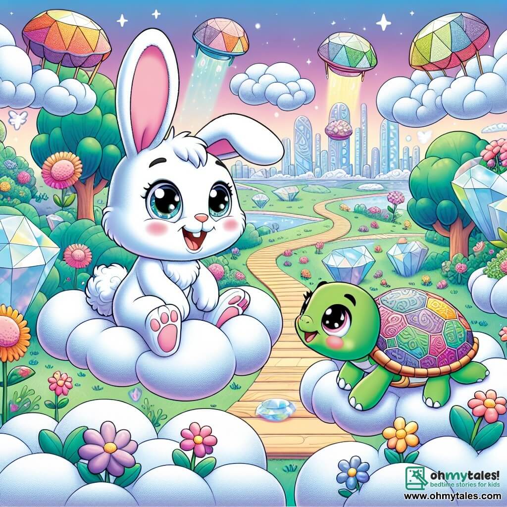 A little bunny named Benny, with white fur and large pink ears, joyfully hops along a path of fluffy clouds, his eyes shining with curiosity and excitement. Beside him, Tilly the turtle, with a green shell adorned with colorful patterns, smiles kindly, her little legs moving as she encourages him to explore. 

The setting is Furrtopia, a futuristic city with buildings sparkling like diamonds, cloud roads, and trees with rainbow-colored leaves floating in the air. Colorful hovercarriages fly around them, illuminating the sky with a soft light. 

The scene shows Benny and Tilly discovering the Floating Gardens, surrounded by talking and singing floating flowers, as they plant seeds together, filled with joy and wonder.