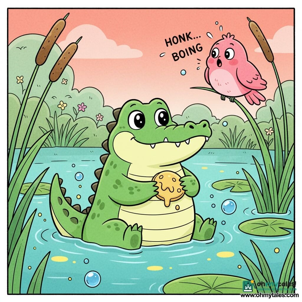 A chubby bright-green crocodile with big shiny eyes and small rounded teeth gives a joyful grin while wagging its tail in the water, holding a small yellow-banana muddy pancake in its paws and looking curious; a plump pink bird perches on a tall reed watching in surprise and making soft “honk... boing” motion sounds; highly textured green reeds and round lily pads float nearby with a few blue bubbles and yellow light spots on turquoise shimmering water; the marsh is soft and colorful — waving grasses, pastel salmon sky and small wildflowers; main scene: the crocodile discovers its mud-pancake with a funny, bright, calm mood, centered composition, simple manga-style lines, saturated colors, clean outlines and exaggerated toddler-friendly expressions.