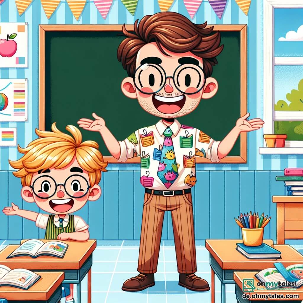 Ein lächelnder Lehrer, Herr Müller, ist ein etwa vierzigjähriger Mann mit leicht zerzausten braunen Haaren und runden Brillen. Er trägt ein buntes Hemd mit Buchmustern und eine lustige Krawatte. Er steht vor einer Tafel, die Arme weit geöffnet, voller Freude und ansteckendem Stolz, während er seine Schüler ermutigt. Max, ein achtjähriger Junge mit blonden Haaren und funkelnden Augen, steht neben Herrn Müller. Er hält Dinosaurierzeichnungen in den Händen und strahlt vor Aufregung, während er sein Wissen mit seinen Klassenkameraden teilt. Die Klasse ist hell erleuchtet, mit bunten Postern an den Wänden, ordentlich angeordneten Holztischen und einem großen Fenster, das Sonnenlicht hereinlässt. Bücher liegen auf den Tischen und Farbstifte sind sichtbar. Die Hauptsituation zeigt Herrn Müller und Max, die ein Projekt präsentieren, bei dem die Kinder kleine Lehrer werden, und die Aufmerksamkeit ihrer Mitschüler fesseln, die mit Staunen und Neugier zuhören.
