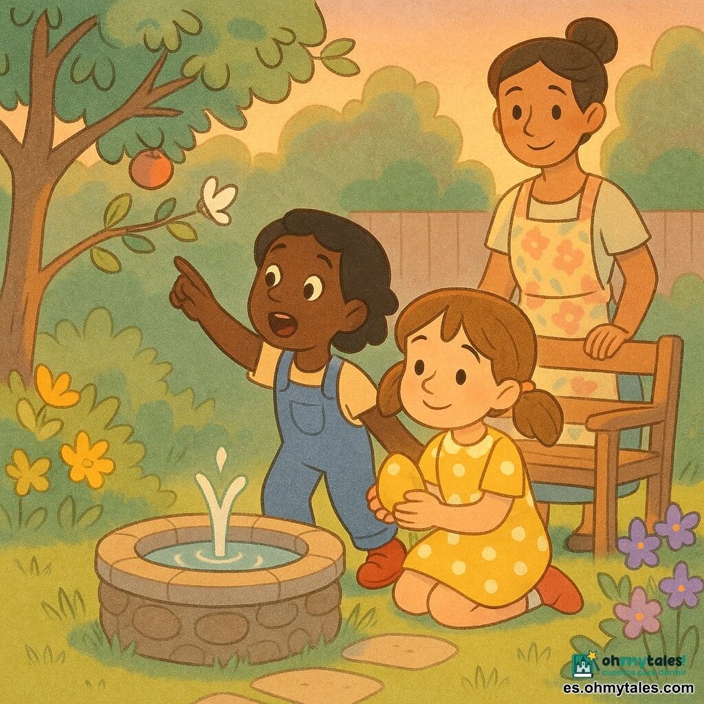Hay 3 personajes: Clara, niña de 7 años, cabello castaño en coletas, vestido amarillo con lunares blancos, arrodillada junto a una pequeña fuente de piedra sosteniendo cuidadosamente un huevo de Pascua dorado; Vega, niña de 7 años, cabello corto negro, peto azul y zapatos rojos, inclinada a la izquierda de Clara con la boca abierta de asombro señalando una pequeña marioneta de cesta o una mariposa blanca posada en una rama; la madre, mujer de unos 35 años, cabello recogido en moño, delantal con flores, de pie detrás de las niñas a la derecha, sonriendo con la mano sobre el respaldo de un banco de madera. Lugar: jardín doméstico al crepúsculo, césped verde, macizo de flores amarillas y violetas, pequeña fuente redonda de piedra con agua que corre, un manzano al fondo con una rama baja y una pequeña cesta de mimbre atada con cinta verde, camino de losas, luz cálida y sombras suaves. Situación principal: las niñas encuentran un huevo dorado escondido junto a la fuente; lo abren para leer una nota y sus rostros se iluminan de asombro; la madre las observa con orgullo; ambiente tranquilo y alegre, colores pastel, textura de lápiz y acuarela, trazos redondeados y expresiones claras.