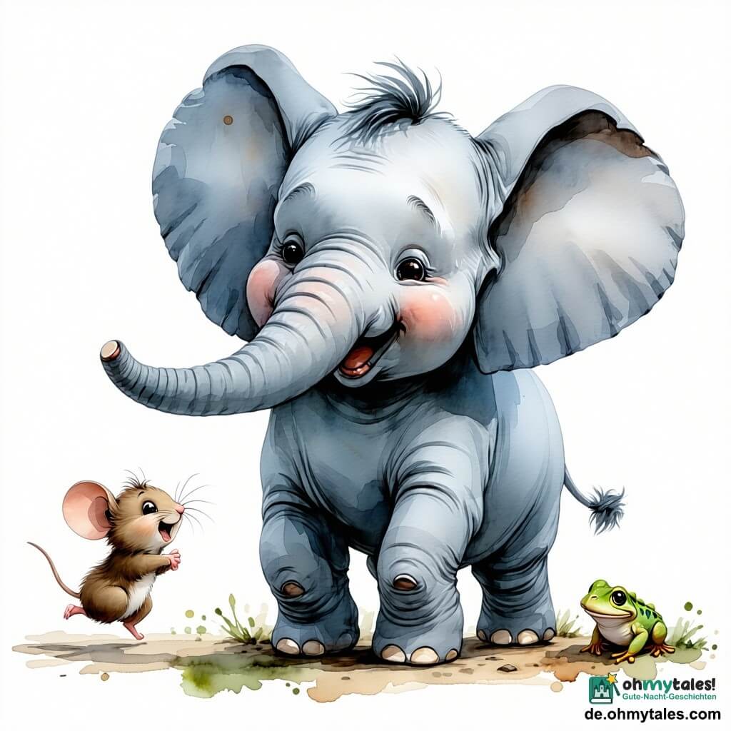 Ein großer sanfter grauer Elefant mit breiten Ohren und lachenden Augen richtet sich überrascht und fröhlich auf, nachdem er auf einem glänzenden Blatt ausgerutscht ist; links von ihm rennt die braune Maus Mia mit feinen Schnurrhaaren und lebhaften Augen im Kreis und lacht, vor ihm springt der grüne Kröterich Fips mit gelben Flecken und Wassertropfen, darüber fliegt der blaue Vogel Vicky mit ausgebreiteten Flügeln; die Szene spielt in einer sonnigen, blumigen Lichtung mit glänzender Pfütze, Gras und sanften Pastelltönen, in zarter Aquarellmalerei mit weichen Konturen, sichtbarer Papierstruktur und kontrollierten Spritzern für Wasser und Fröhlichkeit.