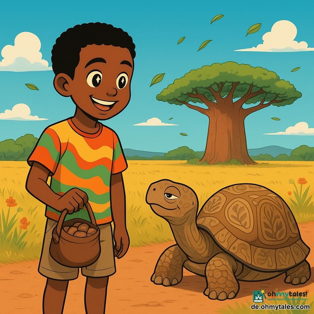 Kouamé, ein zehnjähriger Junge mit leuchtenden Augen wie Sterne und goldenem Haut, steht am Rand einer staubigen Straße mit einem breiten Lächeln im Gesicht. Er trägt ein buntes T-Shirt und eine Baumwollshorts und hält eine kleine Tasche voller gerösteter Nüsse. Neben ihm liegt eine weise alte Schildkröte mit einem von natürlichen Mustern geschmückten Panzer und genießt die Sonne, ihre Augen funkeln vor Weisheit. Die Szenerie ist eine lebendige afrikanische Landschaft: ein strahlend blauer Himmel, ein majestätischer Baobab im Hintergrund und goldene Savannenfelder, die bis zum Horizont reichen, gesprenkelt mit bunten Wildblumen. Kouamé hört aufmerksam der Schildkröte zu, die ihm vom legendären Baum der Weisheit erzählt, während ein sanfter Wind die Blätter um sie herum tanzen lässt und eine magische Atmosphäre voller Abenteuer verspricht.