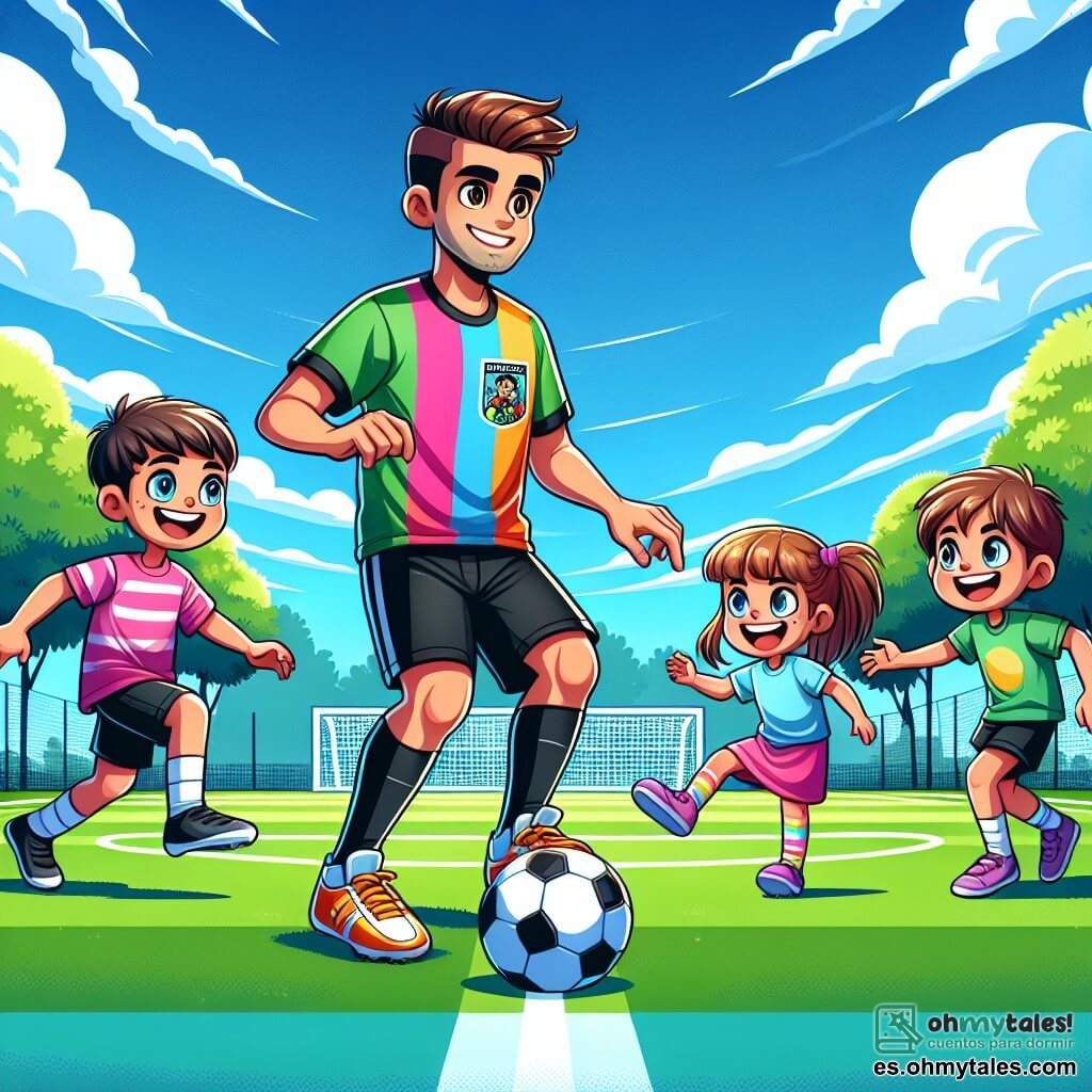 El personaje principal, Miguel, es un joven de unos 25 años, con cabello castaño y ojos llenos de determinación. Lleva una camiseta de fútbol de colores vivos de su equipo, los Halcones de Valverde, y un pantalón corto negro. Su rostro expresa una alegría contagiosa mientras sonríe, rodeado de niños, mostrándoles cómo driblar un balón de fútbol. Entre los personajes secundarios, Carlos, su amigo y compañero de equipo, tiene unos 26 años, cabello corto y una barba ligera. Está al lado de Miguel, riendo y animando a los niños a probar sus nuevos movimientos. Ana, una niña de 8 años, tiene el cabello largo y castaño y ojos brillantes de emoción. Salta en su lugar, ansiosa por mostrarle a Miguel su propio tiro a puerta. La escena se desarrolla en un campo de fútbol verde, bajo un cielo azul con nubes blancas. Las líneas blancas del campo están bien marcadas, y árboles bordean el área, añadiendo un toque de naturaleza. Los niños corren, riendo y jugando, creando una atmósfera alegre y dinámica. La situación principal muestra a Miguel enseñando a los niños cómo pasar y driblar el balón, con sonrisas y risas, ilustrando el espíritu de equipo y la pasión por el fútbol.