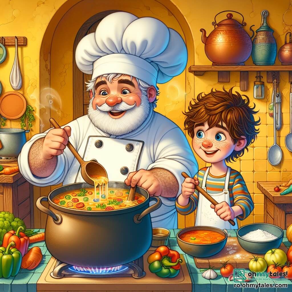 Chef Victor este un bărbat jovial de aproximativ 40 de ani, cu o bonetă albă mare pe cap și un zâmbet cald. Poartă un sort colorat, plin de pete de toate culorile, și amestecă o oală mare plină cu supă, degajând o aromă delicioasă. Lângă el, Luca, un băiat de 10 ani, are părul castaniu în dezordine și obrajii roșii de bucurie. Ține o lingură de lemn, pregătit să-l ajute pe Chef Victor, cu stropi de făină pe nas, ceea ce îl face și mai amuzant. Scena se desfășoară într-o bucătărie animată, plină de oale de cupru strălucitoare, legume proaspete colorate pe blatul de lucru și pereți vopsiți în galben aprins, creând o atmosferă caldă și primitoare. Situația principală arată cum Chef Victor și Luca pregătesc împreună o supă magică, înconjurați de aroma ingredientelor proaspete, râzând și împărtășind secrete de gătit, ilustrând bucuria de a găti împreună.
