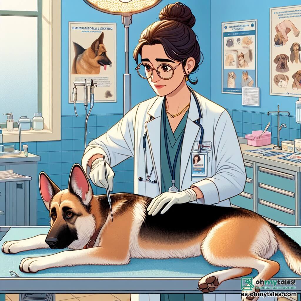 La escena muestra a la doctora Lucía Fernández, una mujer de unos treinta años, con cabello castaño recogido en un moño y gafas redondas. Tiene una mirada concentrada y benevolente, viste una bata blanca y guantes de látex, inclinada sobre un perro de raza pastor alemán, Max, que está acostado en una mesa de operación. A su lado está Marta, una joven de unos 25 años, con cabello rubio y trenzas, que prepara instrumentos quirúrgicos. Muestra una expresión de preocupación mezclada con esperanza, observando atentamente a Lucía. La escena se desarrolla en una sala de operaciones luminosa, con paredes pintadas de azul claro, equipos médicos modernos y carteles educativos sobre el cuidado de los animales en las paredes. Lucía realiza una operación delicada en Max, mientras Marta la asiste, creando una atmósfera de tensión y determinación, pero también de compasión y solidaridad.