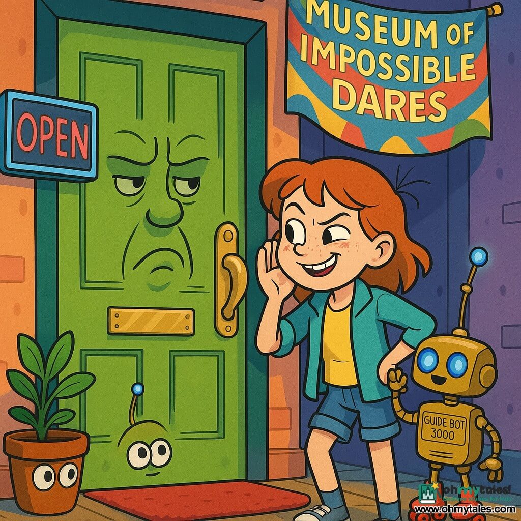 A mischievous, determined 10-year-old girl with bright eyes and freckles, wearing a yellow T-shirt, cyan jacket and cropped jeans, smiles slyly with one hand on her hip as she whispers dramatically in front of a rebellious lime-green talking door with a banana-shaped handle and a sulking carved face; a small polished-brass Guide-Bot 3000 on red roller skates with blue LED eyes waves an antenna beside her; the museum porch is colorful with neon signs, a creaky red welcome mat, a multicolored MUSEUM OF IMPOSSIBLE DARES banner and a painted-eyed flowerpot — she whispers a playful trick to open the door while the robot watches, the scene is dynamic, colorful and full of playful energy.