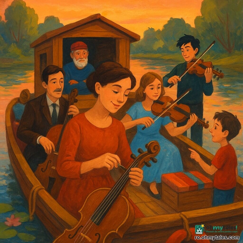 O femeie adultă, Flavia, zâmbitoare și concentrată, păr castaniu prins în coc, ține o vioară veche cu urme de lac auriu, strânge cu grijă o cheiță mică și sprijină arcușul pe marginea unei șalupe; un bărbat în vârstă, domnul Mircea (~65 ani), cu barbă grizonantă și șapcă roșie, stă în cabină privind blând, mâinile încrucișate; o femeie adultă, Adina (~30 ani), în rochie bleu, cântă la alt vioară așezată pe o ladă lângă Flavia, cu privirea la arcuș; un bărbat, Tudor (~35 ani), costum maro, ține un violoncel mare între genunchi, de partea stângă a Flaviei; un tânăr, George (~28 ani), cu părul negru zbârlit, cântă la o vioară strălucitoare în pupa, privind jucăuș către copacii de pe mal; un băiat curios (~8 ani) pe mal, în tricou roșu, arată către șalupă cu uimire; locul: o șalupă mică din lemn lacuit, punte din scânduri deschise, perne colorate, corzi și o colac roșu; râul calm reflectă cerul roz-portocaliu al apusului, malurile sunt marginate de salcii și nuferi; situația: cvartetul acordă și începe să cânte în timp ce șalupa alunecă încet, lumină caldă de seară cu reflexii ondulate pe apă, atmosferă blândă și serenă, cu detalii de pictură în guașă vizibile.