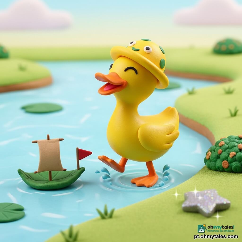 Um pato amarelo vivo, penas lisas e brilhantes, bico laranja redondo, olhos semicerrados de alegria, balançando a cabeça e fazendo pequenas respingos; um chapéu amarelo com bolinhas verdes, aba redonda e flexível, com boca sorridente e "olhos" redondos, pousado na cabeça do pato e parecendo fazê‑lo cócegas; uma minúscula jangada feita de uma grande folha verde, com vela bege e bandeirinha vermelha ao lado; um arbusto baixo de folhas verdes na margem; uma pedra plana brilhante com reflexos prateados à direita; cenário: lago azul claro com reflexos nacarados, nenúfares arredondados, margens de relva, céu em tons pastéis e luz suave da manhã; situação: o chapéu acabou de pular com um "PLOC" na cabeça do pato, que ri fazendo ondas circulares — cena dinâmica e colorida.