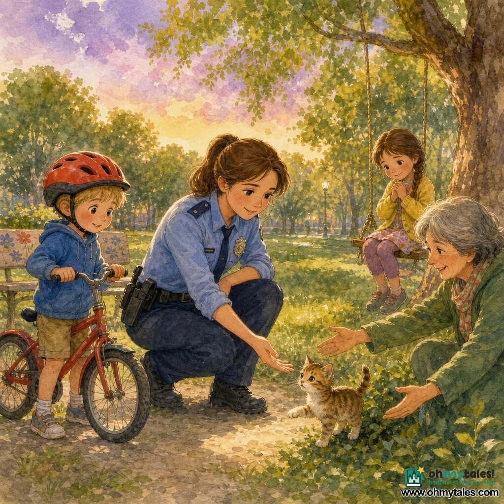 Policewoman Lily, smiling and reassuring with chestnut hair in a ponytail and a light-blue uniform with a shiny badge, crouches and gently reaches for a hesitant ginger-and-white tabby kitten emerging from green bushes; to her left Timmy, about 6, short blond hair and a red bike helmet, stands holding his handlebars and looking amazed; to her right Emily, about 7, with brown hair in a braid, sits on a swing with hands clasped and a shy smile, wearing a yellow sweater; Mrs. Green, an adult with short gray hair and a green coat, kneels behind Lily reaching to reclaim the kitten, all in a park with a bright green lawn, leafy trees, a painted flowered wooden bench and a soft lavender evening sky, centered composition, golden light, watercolor tones, slightly blurred outlines.