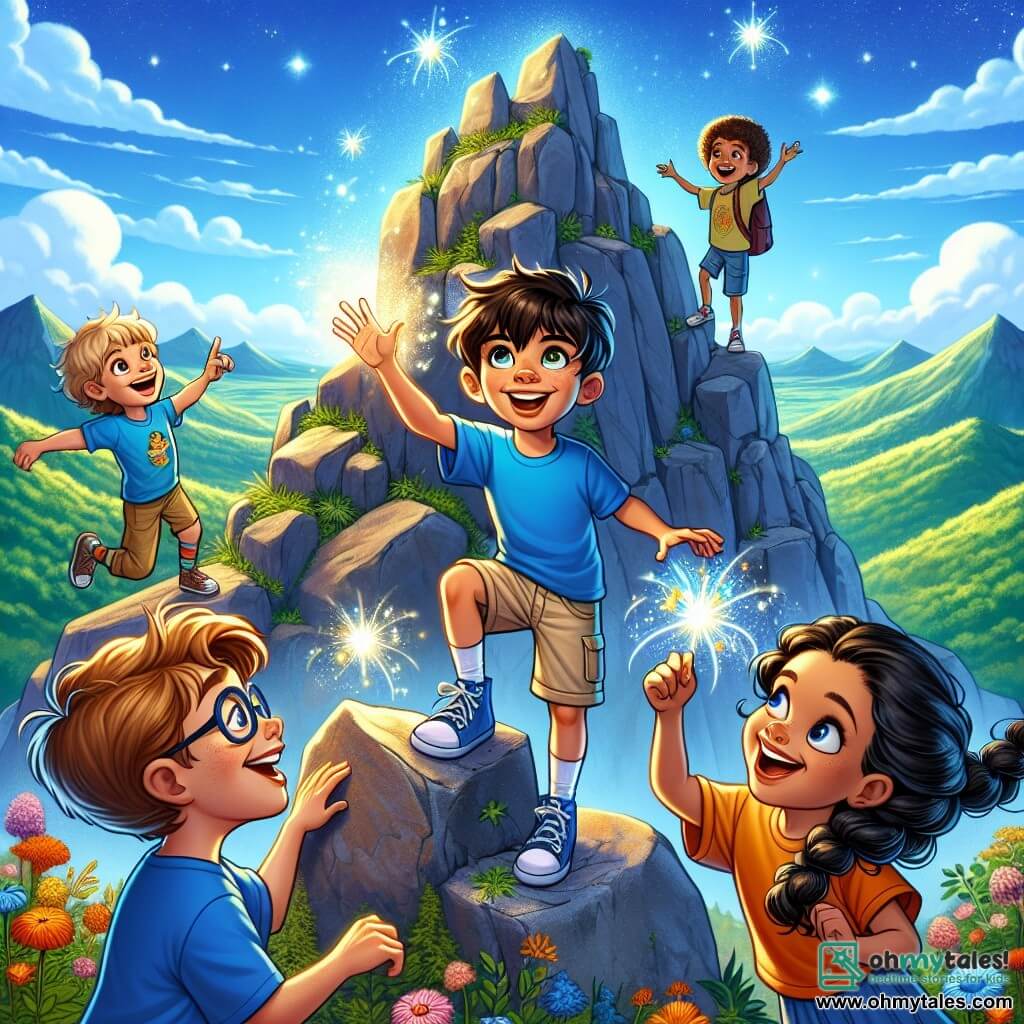 An 8-year-old boy named Oliver, with messy brown hair, curious bright eyes, and an amazed smile, stands at the top of a mountain. He wears a blue t-shirt and beige shorts, stretching his arms towards the sky as if trying to catch sparkling dreams floating around him. Beside him is a group of three children, two boys and a girl, all about 8 years old. One boy, with blonde hair and glasses, laughs joyfully while pointing at a glowing dream. The other boy, with brown hair and sparkling eyes, jumps with excitement. The girl, with black braids and a radiant smile, holds a dream in her hands, awed by its beauty. The setting is a majestic mountain peak, with steep rocks and colorful flowers growing between the stones. The sky is bright blue, dotted with fluffy clouds, and in the distance, green valleys stretch as far as the eye can see. The main scene shows Oliver and his friends at the mountain top, surrounded by floating luminous dreams, capturing the essence of adventure and wonder, ready to embrace the infinite possibilities ahead.