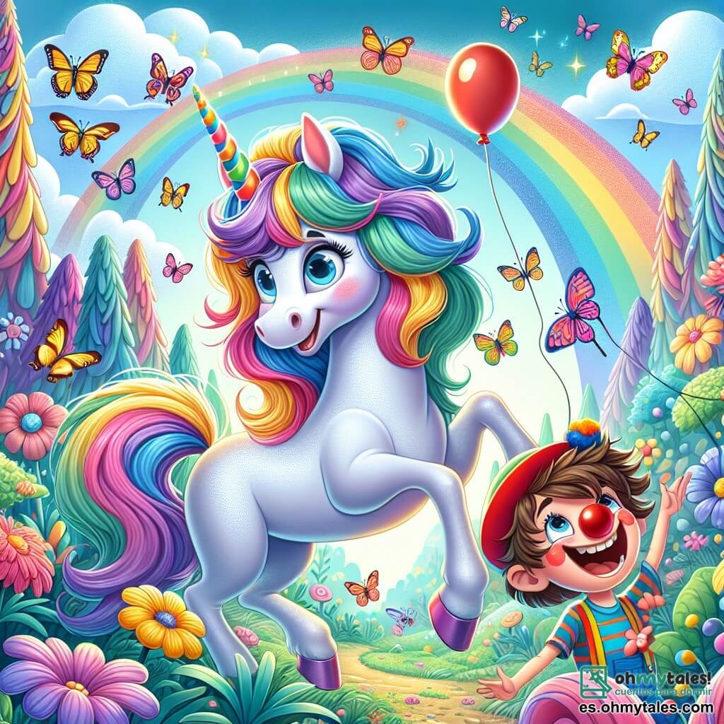 En un claro de bosque encantado, una unicornio llamada Lila se encuentra en el centro, con un pelaje brillante de colores pastel y un cuerno en forma de arcoíris que brilla bajo el sol. Sonríe ampliamente, con los ojos llenos de alegría, mientras intenta atrapar mariposas que vuelan a su alrededor. Junto a ella, un niño de 8 años llamado Timo, con una gorra de payaso roja y una gran nariz de plástico, ríe a carcajadas. Tiene el cabello castaño desordenado y lleva una camiseta colorida. Timo lanza globos de colores vivos al aire para atraer a las mariposas. El lugar es un hermoso claro de bosque, rodeado de árboles de troncos multicolores y flores gigantes que parecen bailar al ritmo del viento. El cielo es azul con nubes en forma de caramelos, y rayos de sol atraviesan el follaje, creando una atmósfera mágica. La escena principal muestra a Lila y Timo riendo juntos, rodeados de mariposas que revolotean alegremente, mientras los globos flotan en el aire, llenando el claro de colores vibrantes y buen humor.