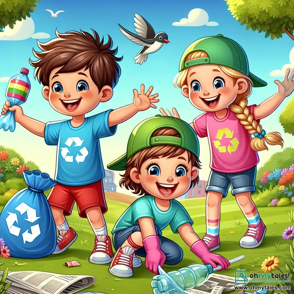 A 6-year-old boy named Sam, with messy brown hair and a big joyful smile, is wearing a bright blue t-shirt and red shorts. He is crouching, holding a colorful recycling bag, picking up a plastic bottle from the grass. Next to him, a 6-year-old girl, Mia, with braided blonde hair and a pink t-shirt, encourages him by raising her arms enthusiastically. A 6-year-old boy, Jake, with black hair and a green cap, is picking up a slightly crumpled old newspaper. In the background, the park is filled with lush trees, colorful flowers, and a bright blue sky, with birds flying. The scene shows the children actively smiling and determined, cleaning the park to make it more beautiful and cleaner.