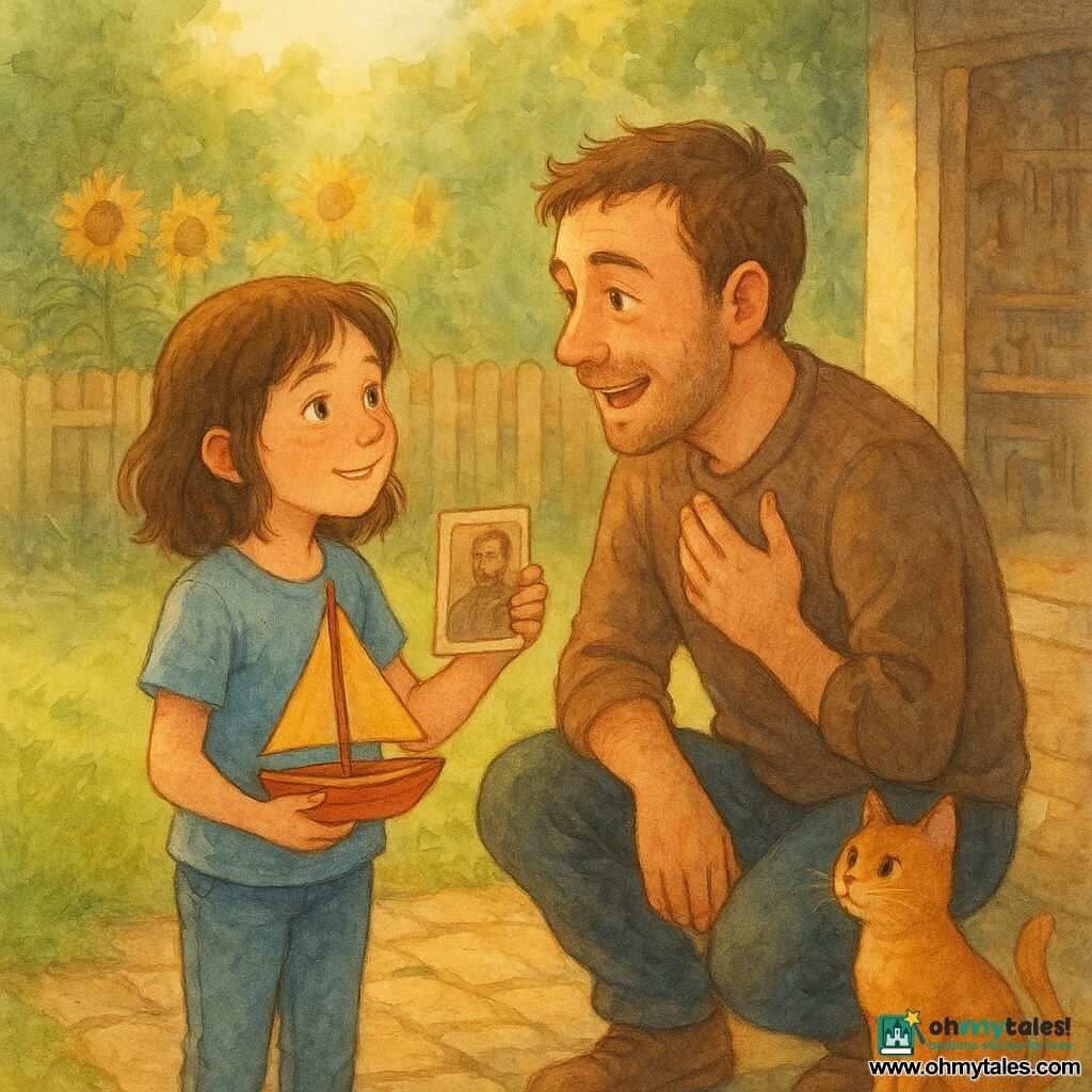 A 10-year-old girl with mid-length slightly curly brown hair, a round freckled face, wide-eyed and shy smile holds out a freshly painted small wooden boat and an old yellowed photo on a paved path; her father, about 40 with short chestnut hair and light beard, crouches to kiss her, hand on his heart, teary-eyed and smiling, while an orange cat named Biscuit watches from the doorstep; backyard with green grass, tall sunflowers, light wooden fence and a dusty workbench, bathed in golden morning light; tender, emotional exchange rendered in watercolor with soft washes, slightly blurred edges, a warm palette (yellow, brown, green, pale blue) and visible paper texture.