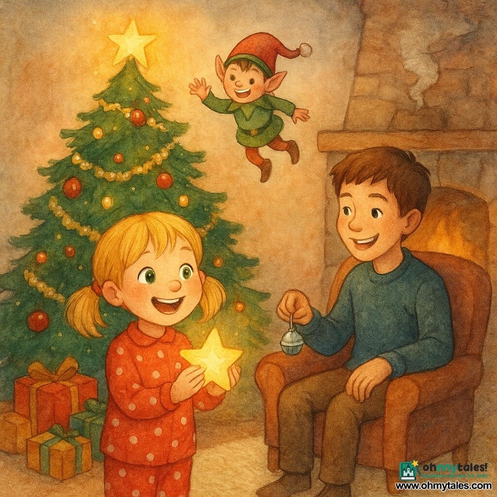 A joyful 6-year-old girl with blonde pigtails and bright green eyes, wearing red polka-dot pajamas, holds a small glowing star in front of a Christmas tree; her ~8-year-old brother, smiling and teasing with short brown hair, sits in a chair by the fireplace holding a silver jingle bell and watches; a tiny mischievous non-human Christmas elf in a green coat and red hat floats above the tree waving; the large tree is decorated with gold garlands, glossy red baubles and popcorn garlands, warm lights casting bright spots; the cozy living room has a cream wool rug, a smoking stone fireplace and colorful gifts at the tree's base; warm red, green and gold tones and soft grainy watercolor textures; main moment: the girl discovers the star to top the tree as the elf appears and the brother laughs—animated, joyful movement.