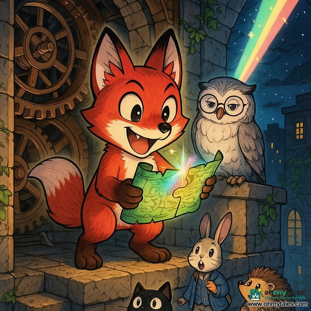 A shiny red anthropomorphic fox with pointed ears and mischievous eyes, determined and joyful, holds a glowing green parchment map between its paws while standing on the platform of an old clock tower; a wise pearl-gray owl with round glasses perches to the fox’s right, calm and watchful. Below on the cobbles a small group of city animals (a black cat, a jacketed rabbit, and a hedgehog) look up excitedly at a multicolored beam the map now projects into the night sky, golden sparks drifting around. Inside the tower: brass wheels, engraved gears and worn stone steps, moonlight through cracked stained glass and ivy climbing the outer wall. Mood: magical urban contrast of warm lanterns and cold moonlight. Style: soft manga lines, saturated harmonious colors, dramatic facial lighting, detailed textures of fur, wood and metal.