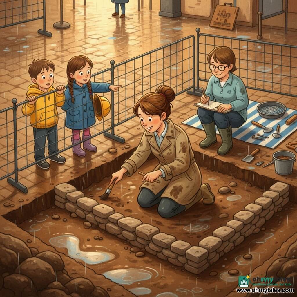 A female archaeologist with a smiling, focused face and brown hair in a bun, wearing a mud‑stained khaki coat and rubber boots, kneels in a muddy excavation gently brushing a row of old stones; a female assistant in her 30s with short hair and glasses crouches to the archaeologist’s right holding a notebook and pencil and annotating a plan; a boy of about nine in a yellow hood stands behind an orange barrier to the left, amazed, hands gripping the mesh, while a nine‑year‑old girl in a blue coat with braided hair stands beside him holding an oversized hard hat and prodding a stone with her finger; the scene is a cobbled town square after rain with orange barriers around a dark rectangle of earth, exposed medieval stones, reflective puddles and clean tools on a striped tarp, lit by soft evening light that emphasizes wet textures as the archaeologist uncovers an old stone chamber and the children watch in a calm, curious atmosphere painted in warm gouache tones with visible brushstrokes.