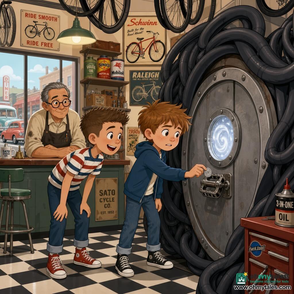 A 10-year-old boy, Milo, anxious but determined with a round freckled face and messy light-brown hair, presses a small silver coin against a metal pedal integrated into a round door; another boy about 10, Frankie, smiling and surprised with brown crew-cut hair, rolled jeans and a striped tee, stands to Milo’s left leaning forward in admiration; Mr. Sato, about 50, with graying hair, round glasses and a rolled-sleeve shirt stained with oil, watches calmly near the counter; the scene is set in a 1950s bicycle workshop with a black-and-white checkered floor, vintage bike posters, tires hanging from the ceiling, metal shelves with boxes and oil cans, and a window showing rounded retro cars; Milo inserts the coin into the pedal-notch of a hidden round metal door behind inner tubes, a silvery glow swirls in a small porthole filling the scene with a soft halo as Frankie and Mr. Sato watch, creating a mysterious yet warm atmosphere in bright pastel colors, clear lines and simple shapes.