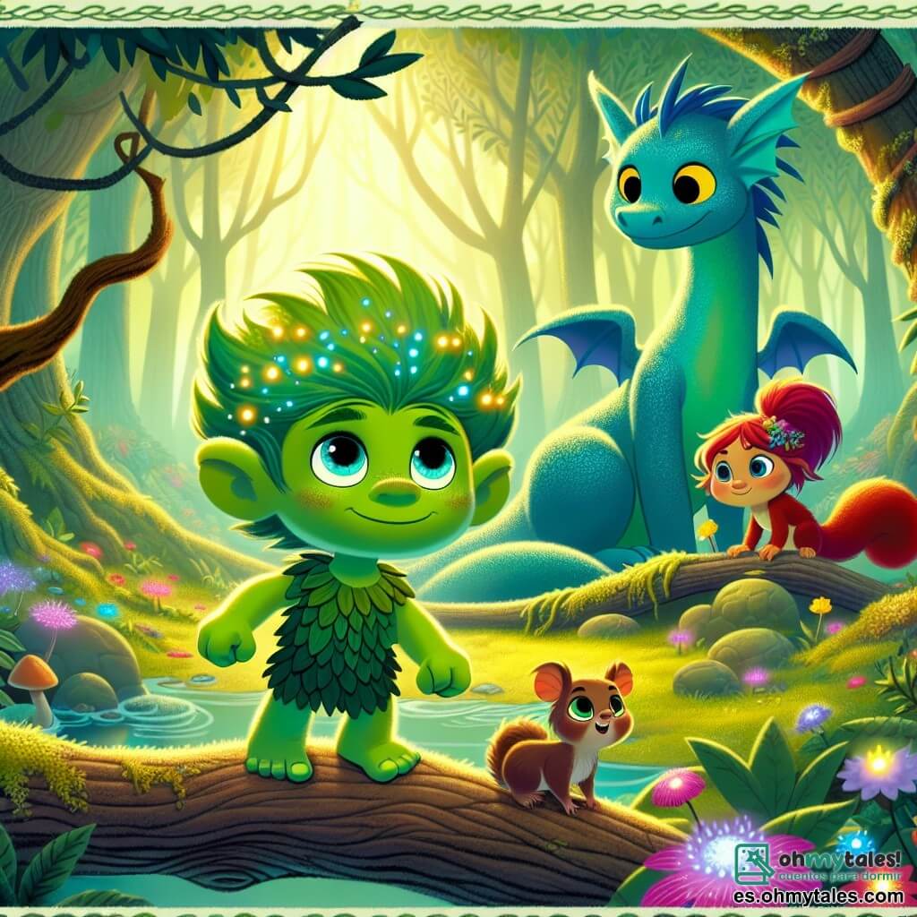 Un pequeño troll llamado Tilo, de color verde con ojos brillantes como luciérnagas, está en el centro de la escena, mostrando una expresión de determinación y alegría. Tiene el pelo desordenado y lleva una túnica de hojas. A su lado, su mejor amiga Lila, una ardilla de pelaje rojo, trepa por una rama, observando con curiosidad la escena. Al fondo, Zafiro, un dragón amistoso con escamas azul brillante y ojos chispeantes, se mantiene majestuoso, con las alas ligeramente desplegadas, listo para ayudarlos. El lugar es un claro encantado en el corazón del Bosque de los Susurros, rodeado de árboles de troncos gruesos y hojas brillantes, iluminado por rayos de sol que filtran a través del follaje. Flores coloridas y hongos luminosos salpican el suelo, añadiendo un toque de magia al entorno. La situación principal muestra a Tilo, Lila y Zafiro celebrando el descubrimiento de la flor mágica, la Estrella Dorada, que brilla con una luz dorada en el centro del claro, simbolizando la esperanza y la magia recuperada para salvar su bosque.