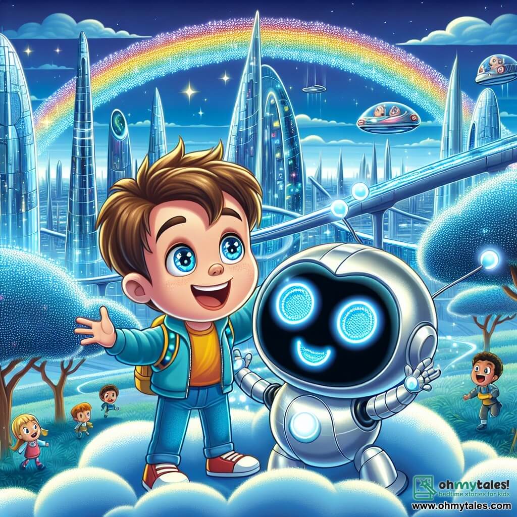 Oliver, a seven-year-old boy with sparkling blue eyes and messy brown hair, stands on a large fluffy cloud, a wide smile illuminating his face as he gazes in awe at a shimmering futuristic landscape before him. Beside him, Beep, a friendly robot with silver reflections and blinking lights, raises an arm in a joyful greeting, its bright eyes expressing excitement. The setting is a colorful futuristic city, featuring strange-shaped glass buildings, flying cars zipping through the light blue sky, and trees with luminous leaves dancing in the wind. The main scene shows Oliver and Beep exploring this amazing world together, surrounded by the laughter of children playing with futuristic gadgets, while a sparkling rainbow arches above them, symbolizing the adventure and magic of time travel.